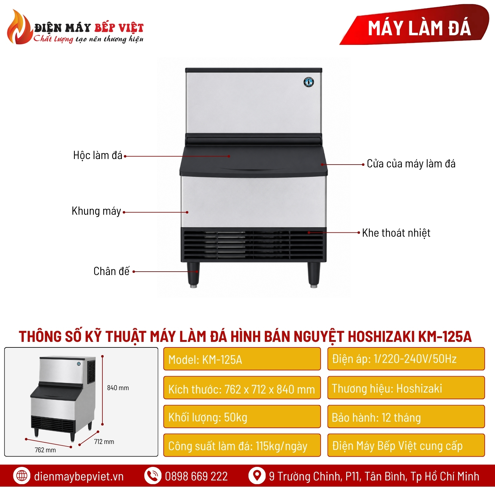 Máy Làm Đá Hình Bán Nguyệt Hoshizaki KM-125A 115Kg/Ngày