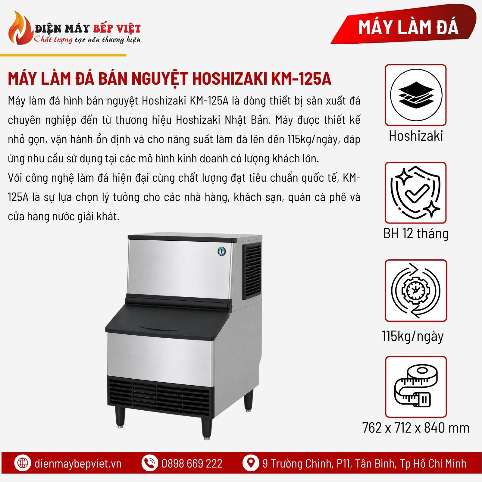 Máy Làm Đá Hình Bán Nguyệt Hoshizaki KM-125A 115Kg/Ngày