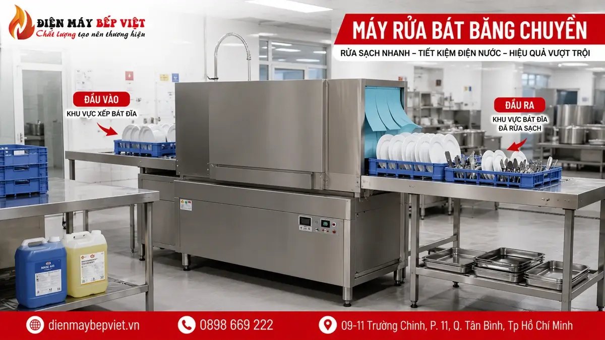 Máy rửa bát băng chuyền cho bếp ăn tập thể và canteen