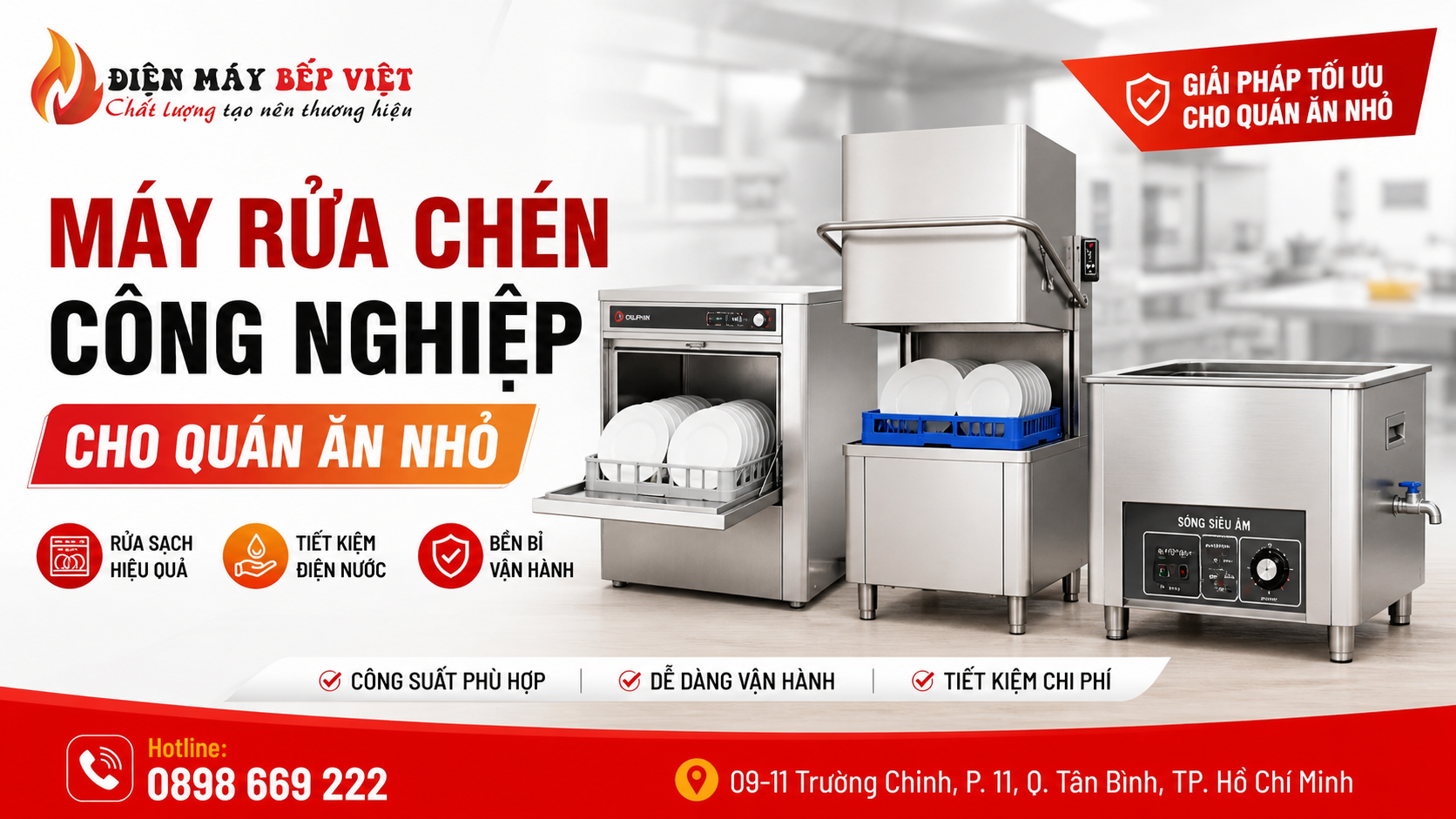 Máy rửa chén công nghiệp cho quán ăn nhỏ với các dòng máy undercounter, cửa nâng và sóng siêu âm giúp rửa sạch hiệu quả, tiết kiệm điện nước và tối ưu vận hành bếp nhà hàng.