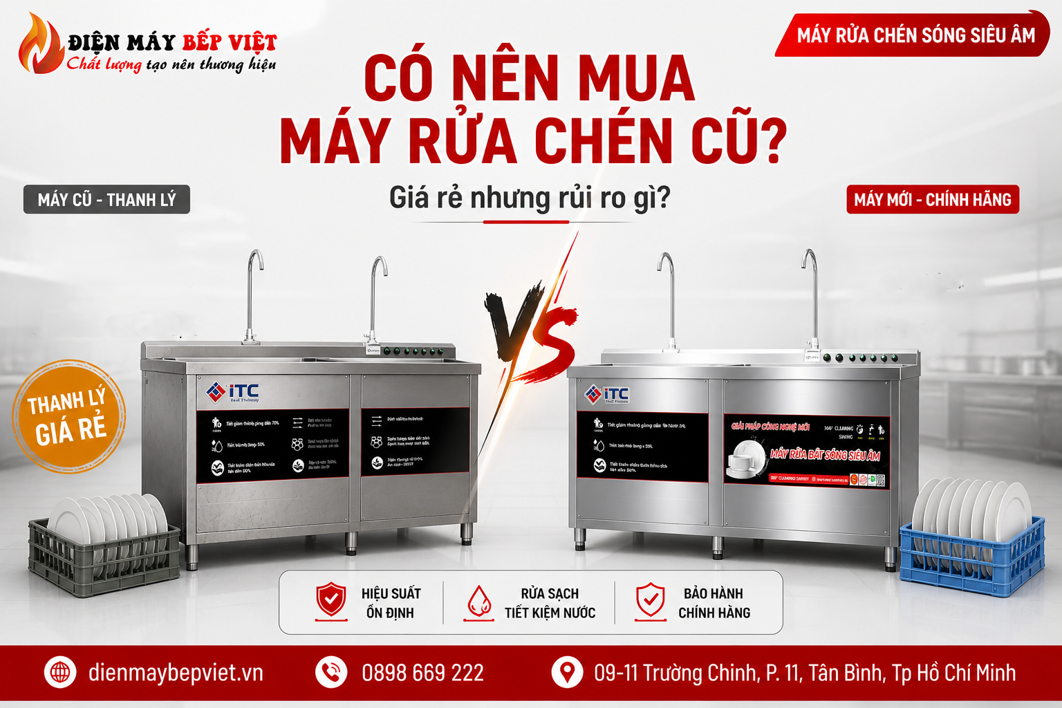 Máy rửa chén công nghiệp cũ và máy rửa chén sóng siêu âm mới được đặt cạnh nhau để so sánh hiệu suất và chi phí đầu tư cho bếp nhà hàng
