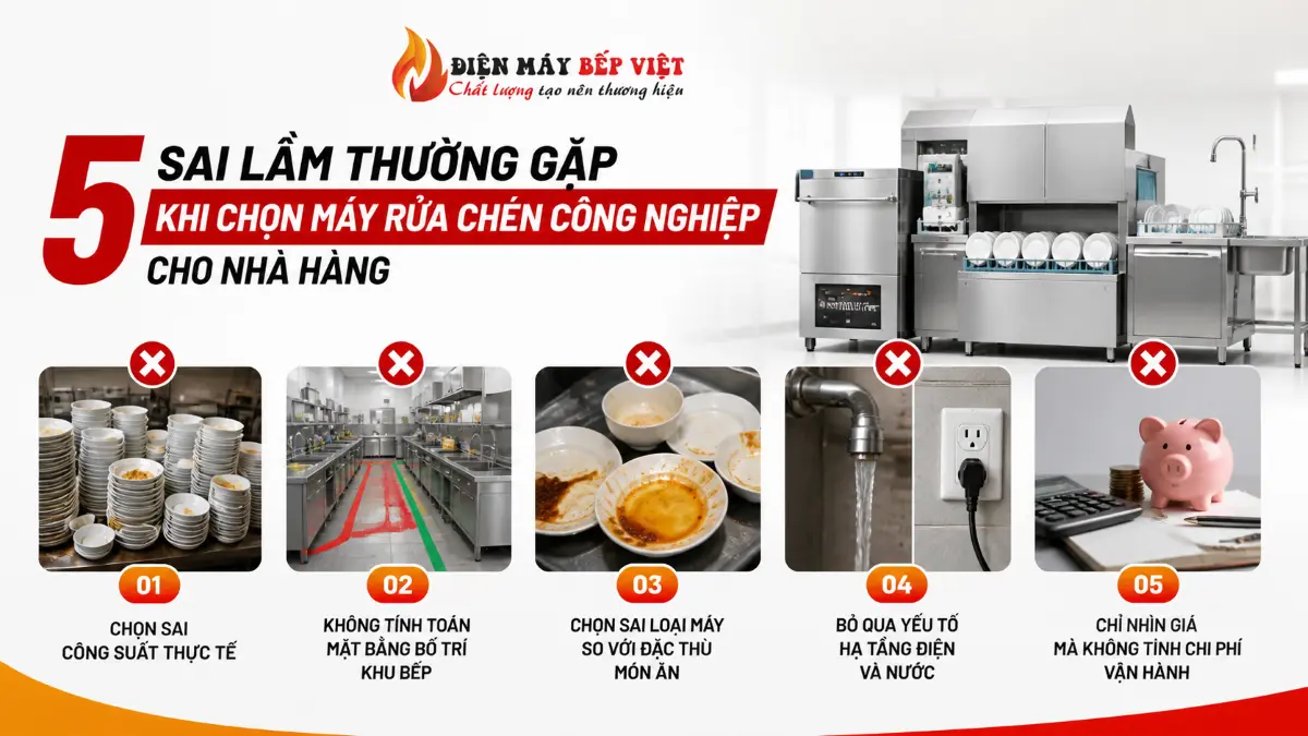 Hình ảnh minh họa 5 sai lầm khi chọn máy rửa chén công nghiệp cho nhà hàng với các tình huống thực tế như sai công suất, bố trí bếp và chọn thiết bị không phù hợp.