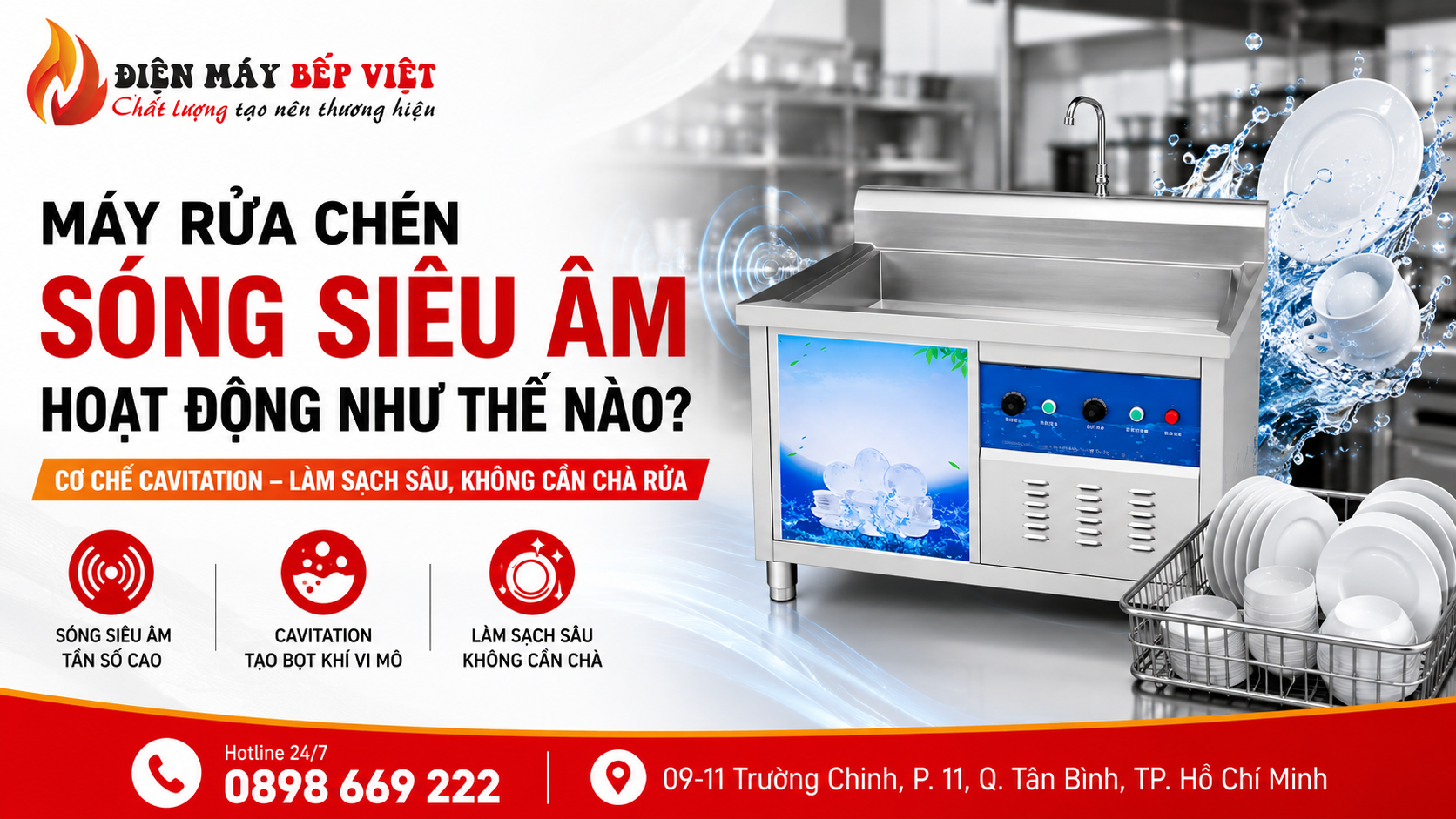 Hình ảnh minh họa máy rửa chén sóng siêu âm công nghiệp hoạt động với cơ chế cavitation tạo bọt khí vi mô giúp làm sạch sâu chén bát mà không cần chà rửa thủ công