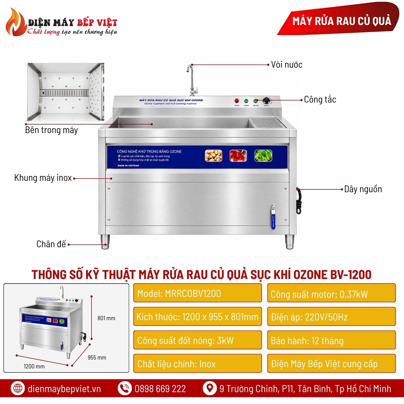 Máy Rửa Rau Củ Quả Sục Khí Ozone BV-1200
