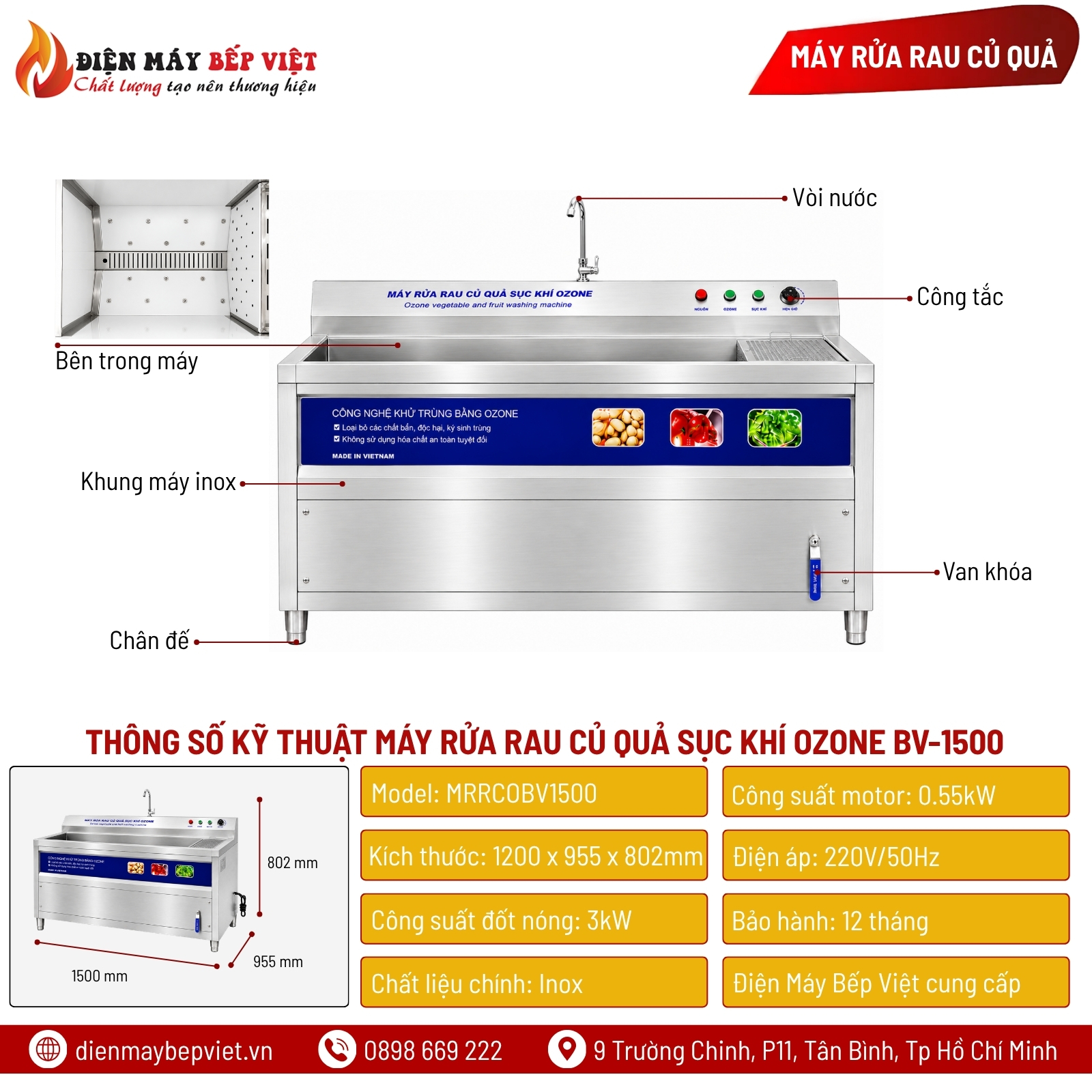 Máy Rửa Rau Củ Quả Sục Khí Ozone BV-1500