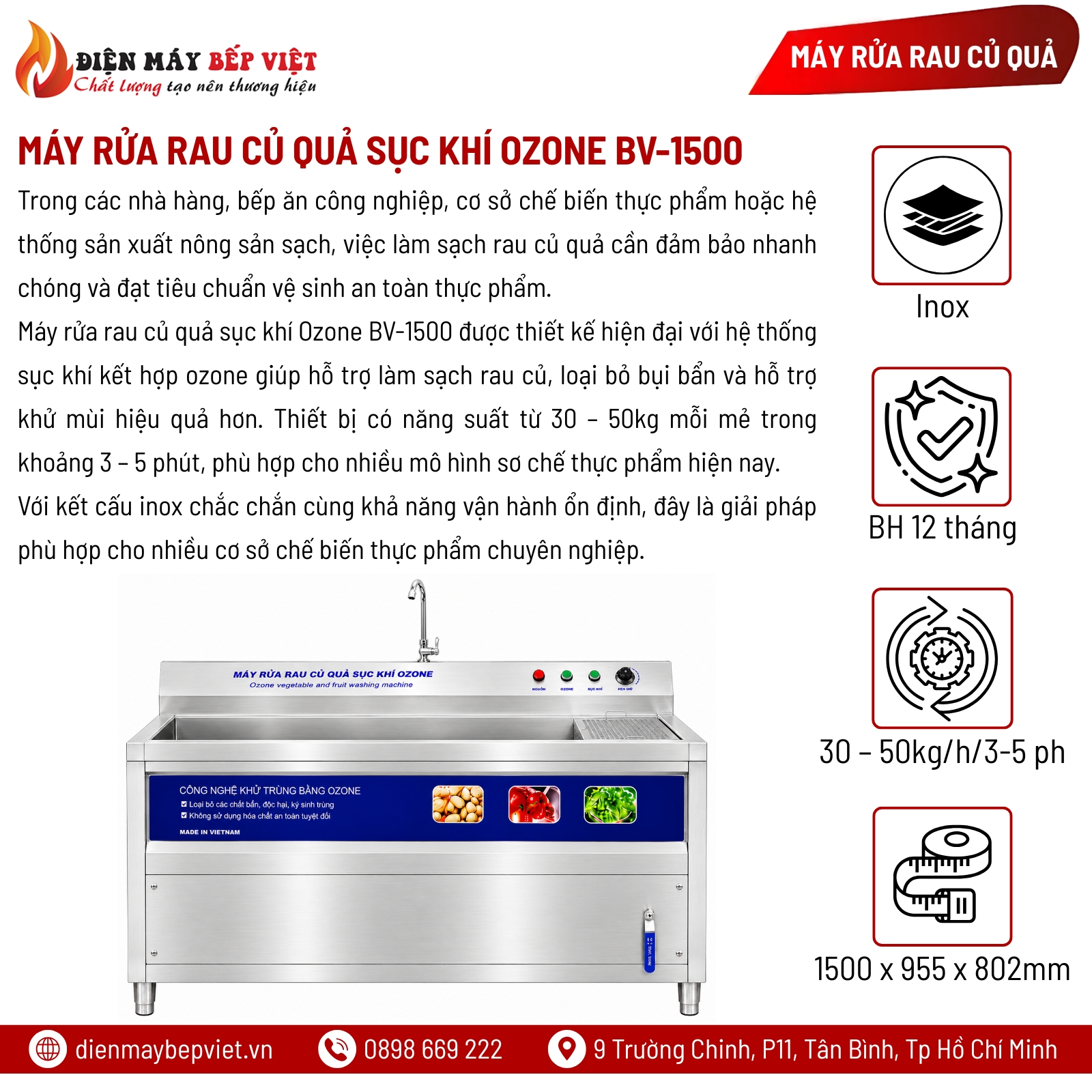 Máy Rửa Rau Củ Quả Sục Khí Ozone BV-1500