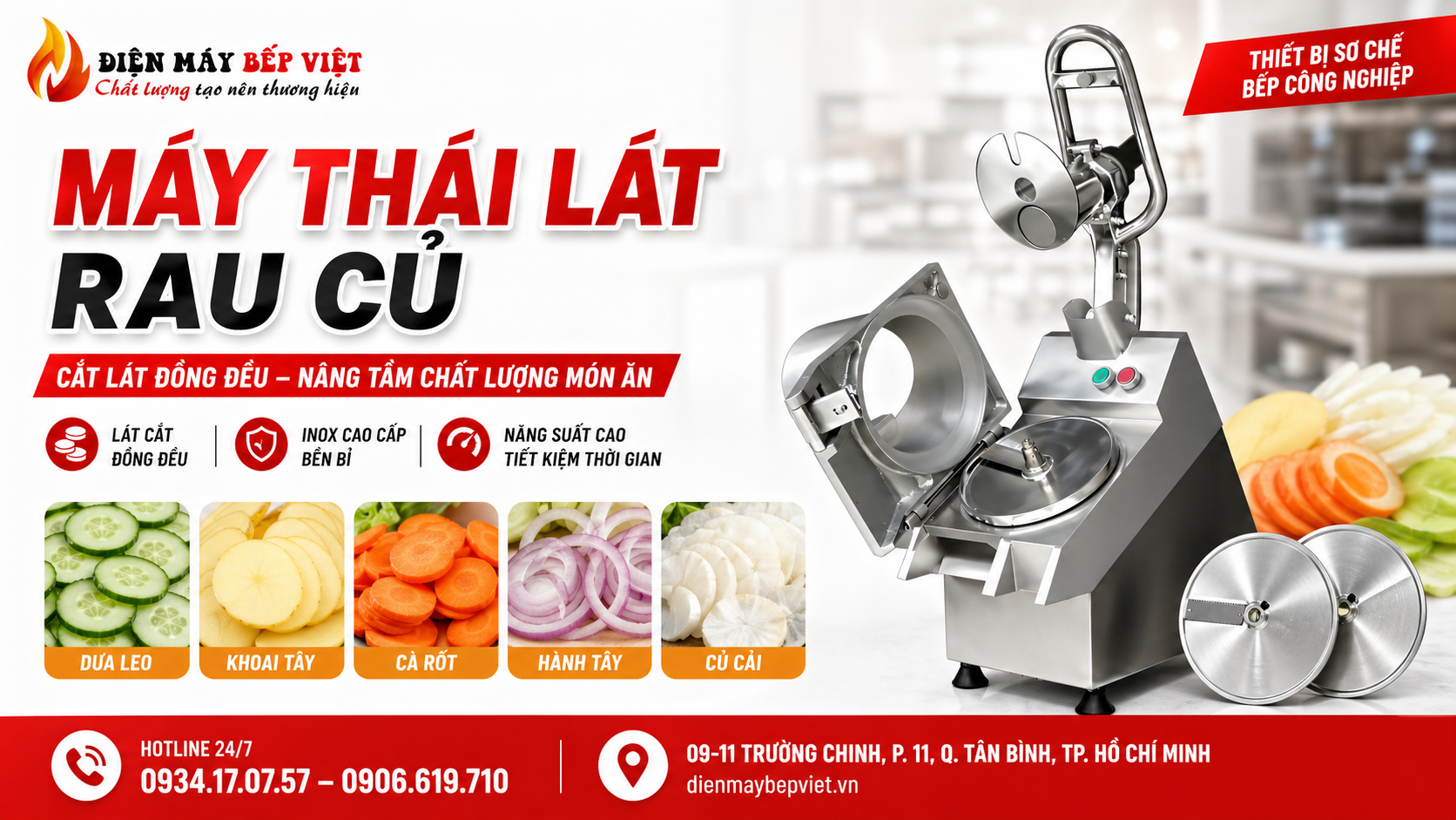 Máy thái lát rau củ inox công nghiệp hiển thị trên banner cùng tiêu đề cắt lát đồng đều và thông tin liên hệ Điện Máy Bếp Việt.