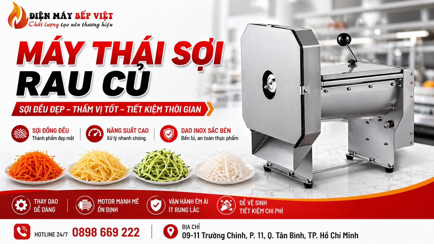 Banner hiển thị máy thái sợi rau củ inox công nghiệp cùng tiêu đề nổi bật và thông tin hotline, địa chỉ của Điện Máy Bếp Việt ở phần footer.