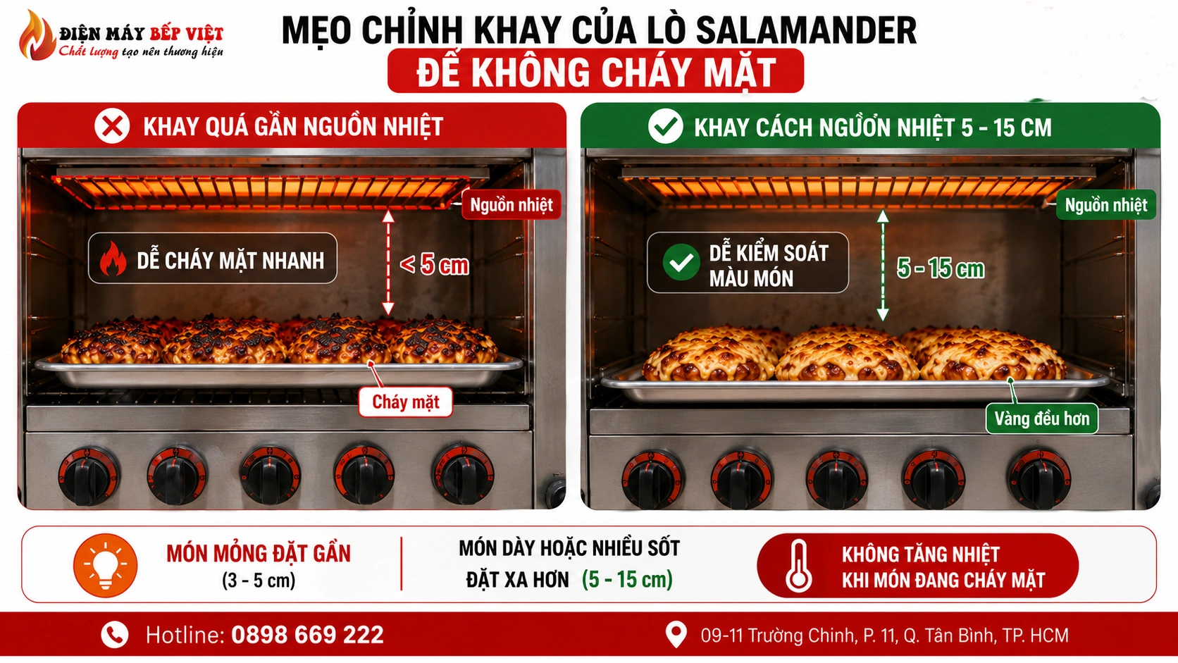 Mẹo dùng lò salamander không cháy mặt bằng cách chỉnh khoảng cách khay