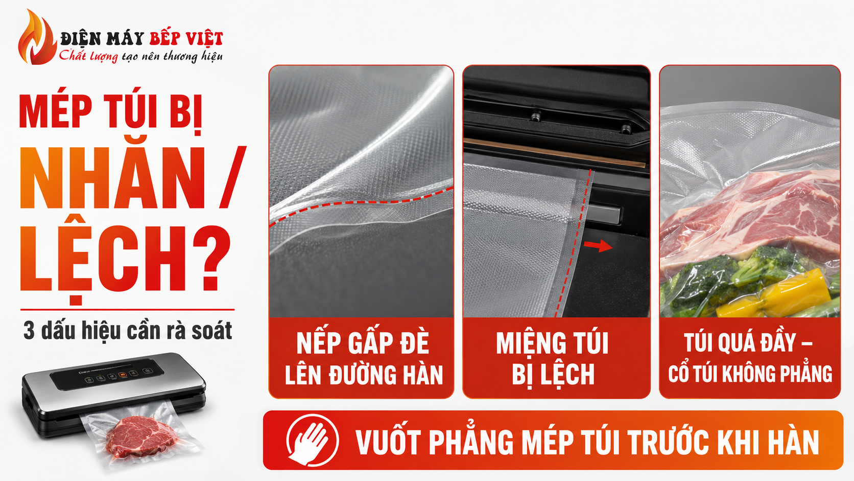 Infographic minh họa 3 dấu hiệu mép túi hút chân không bị nhăn hoặc lệch khi hàn, gồm nếp gấp đè lên đường hàn, miệng túi bị lệch và túi quá đầy làm cổ túi không phẳng.