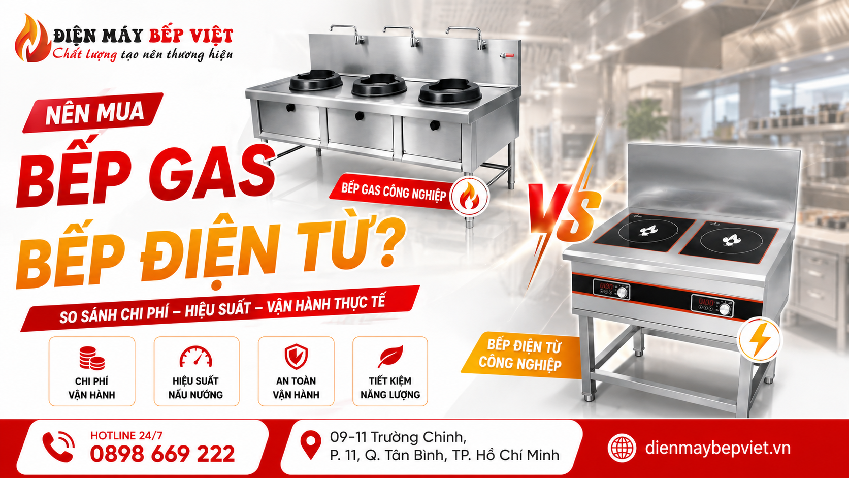 Bếp gas công nghiệp và bếp điện từ công nghiệp inox được Điện Máy Bếp Việt sử dụng để minh họa nội dung so sánh chi phí vận hành và hiệu suất nấu nướng thực tế.