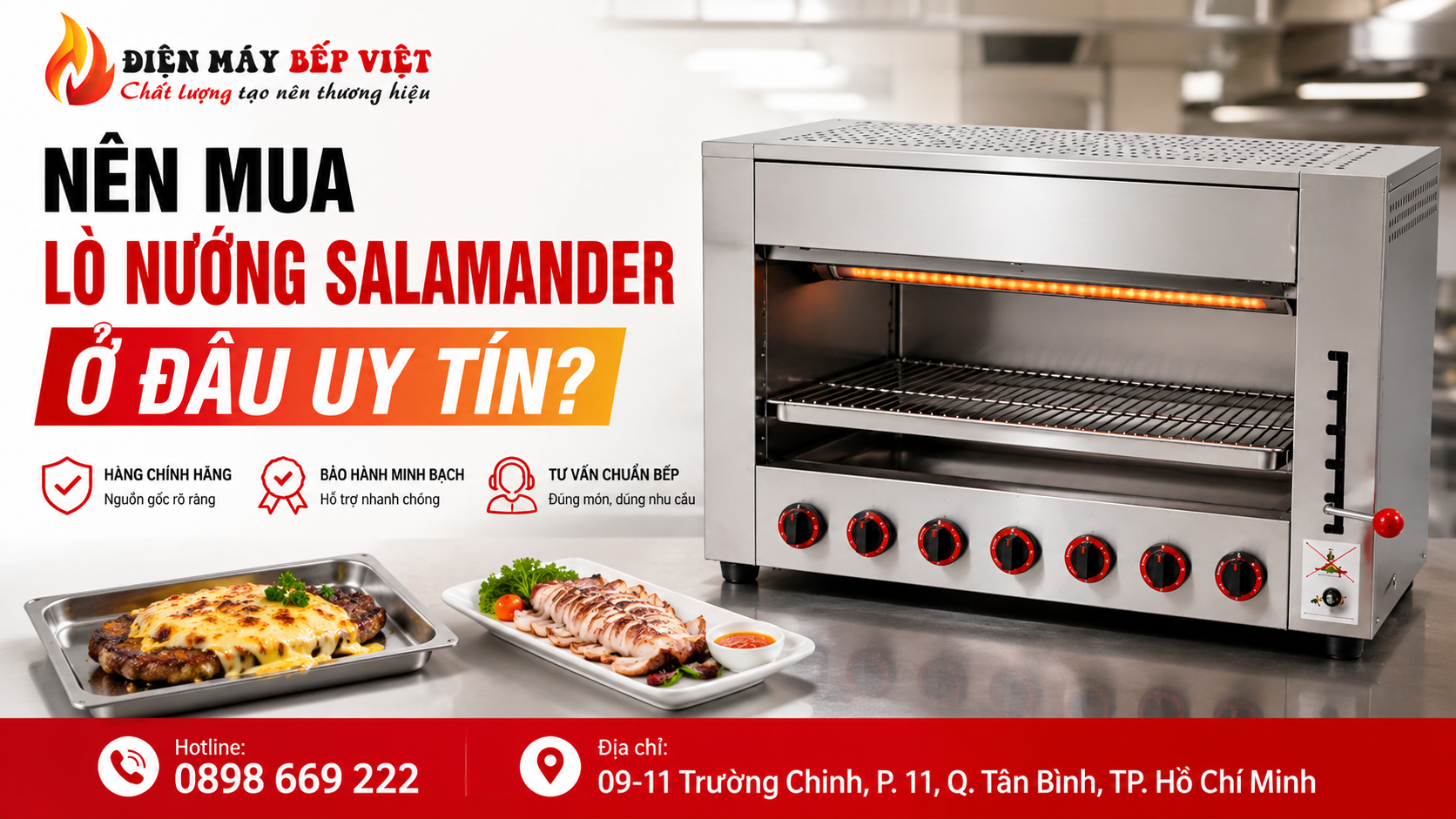 Lò nướng Salamander inox công nghiệp đặt trong bếp nhà hàng, minh họa chủ đề mua lò nướng Salamander uy tín với sản phẩm chính hãng và tư vấn đúng nhu cầu sử dụng.