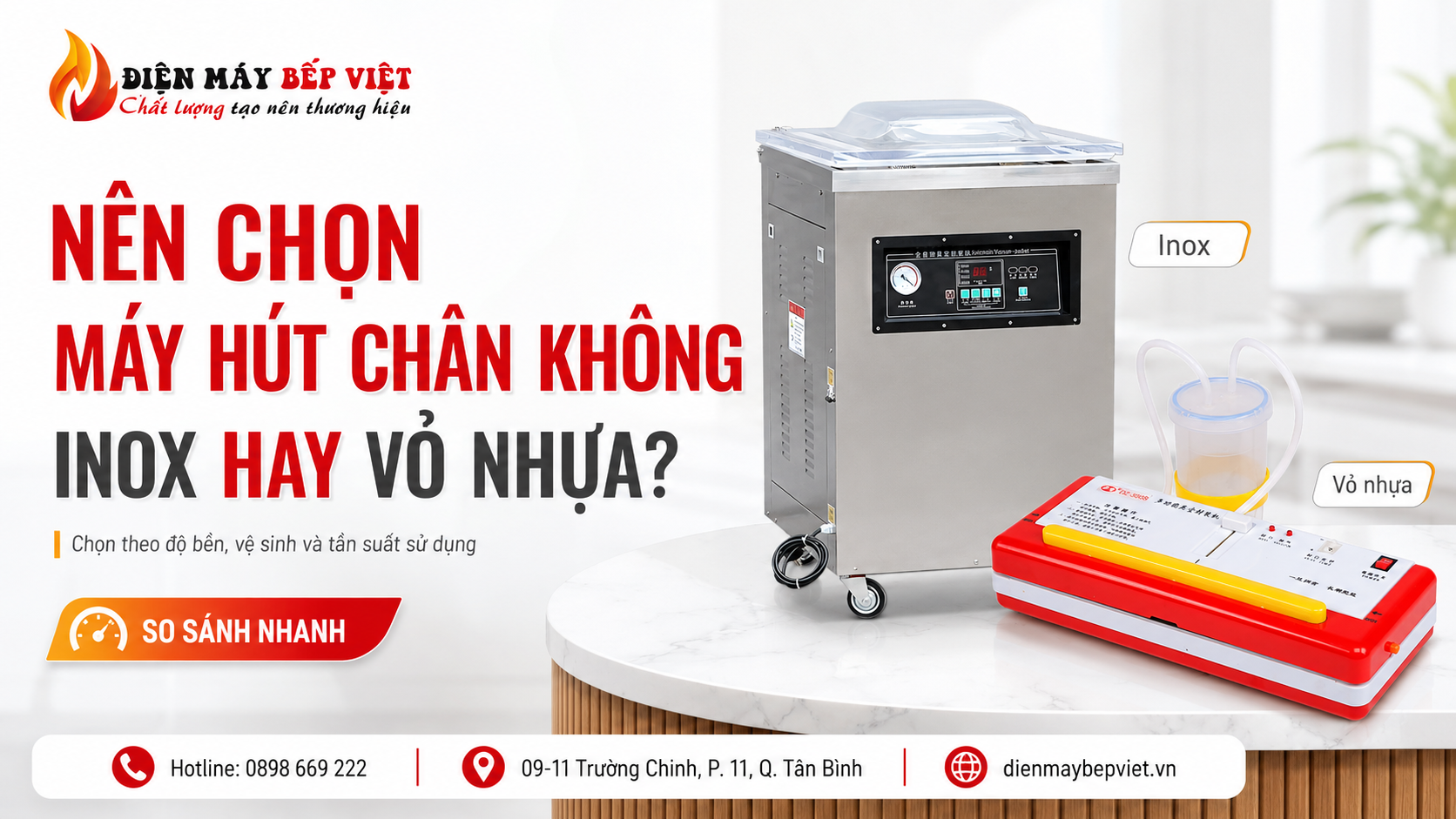 Máy hút chân không inox và máy hút chân không vỏ nhựa được đặt cạnh nhau trong banner so sánh của Điện Máy Bếp Việt.