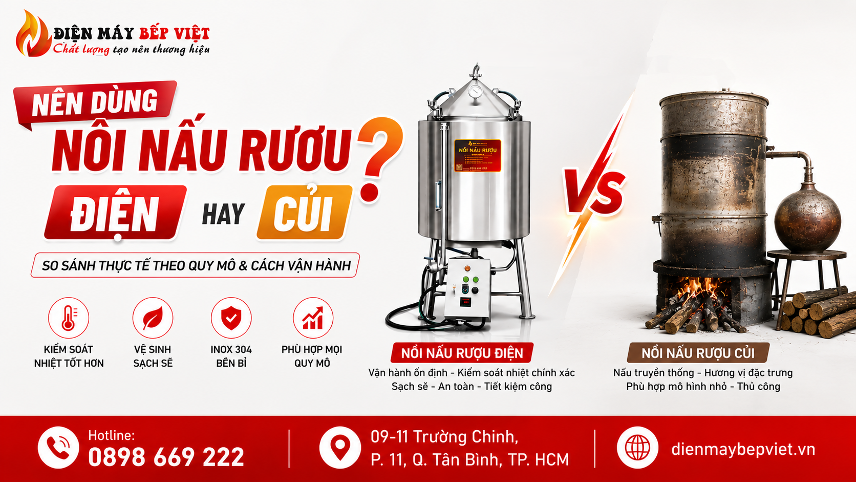 So sánh nồi nấu rượu điện inox 304 và nồi nấu rượu củi truyền thống theo quy mô và cách vận hành thực tế