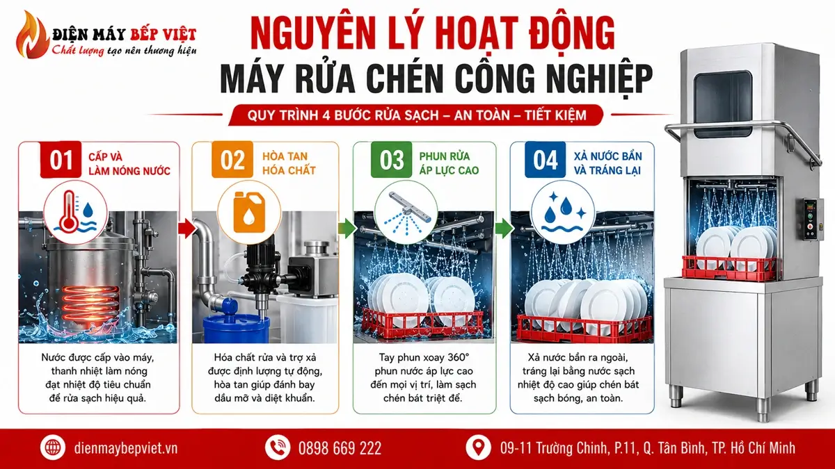 Nguyên lý hoạt động của máy rửa chén công nghiệp qua 4 giai đoạn