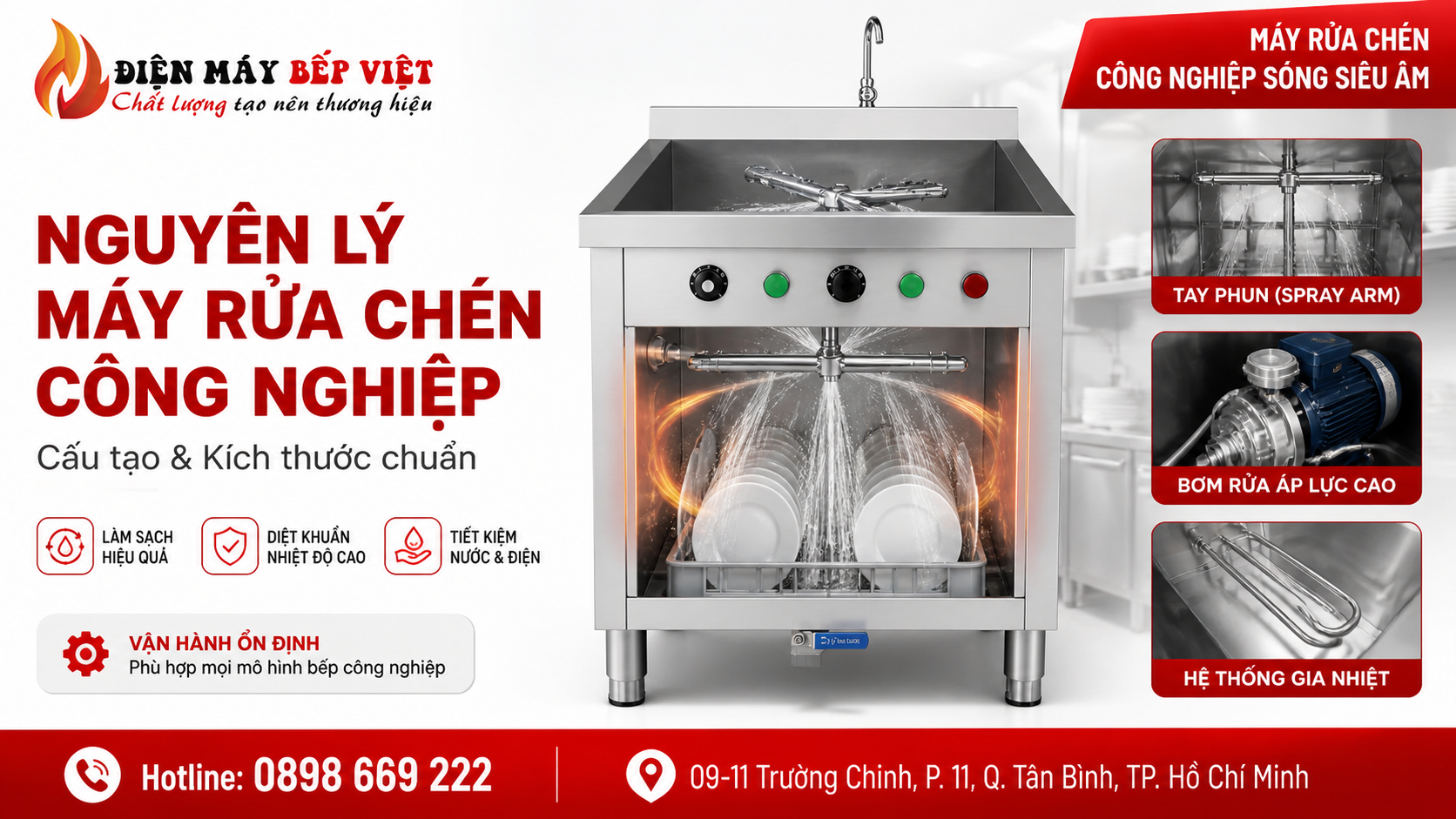 Máy rửa chén công nghiệp hoạt động với tia nước áp lực cao và hệ thống gia nhiệt trong buồng rửa inox