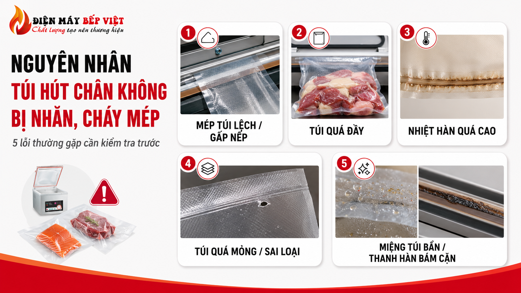 Infographic minh họa 5 nguyên nhân khiến túi hút chân không bị nhăn cháy mép khi hàn.