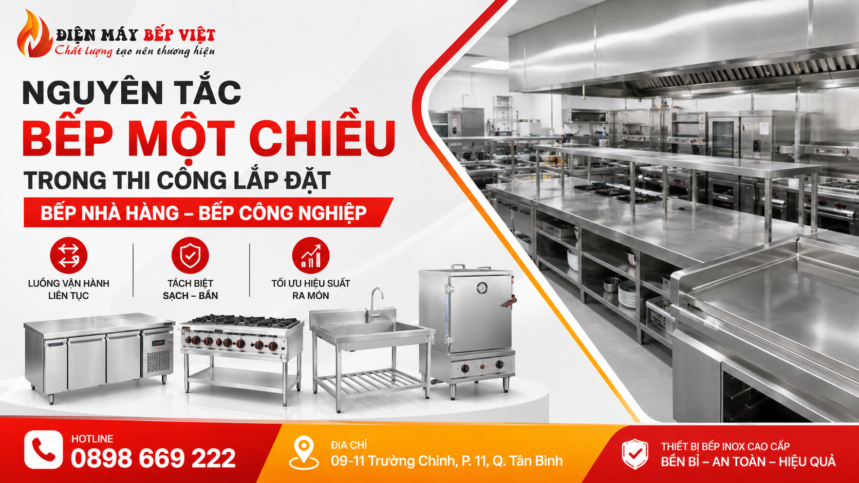 Banner minh họa nguyên tắc bếp một chiều trong thi công lắp đặt bếp nhà hàng với hệ thống bếp inox công nghiệp và thiết bị bếp nhà hàng hiện đại của Điện Máy Bếp Việt.