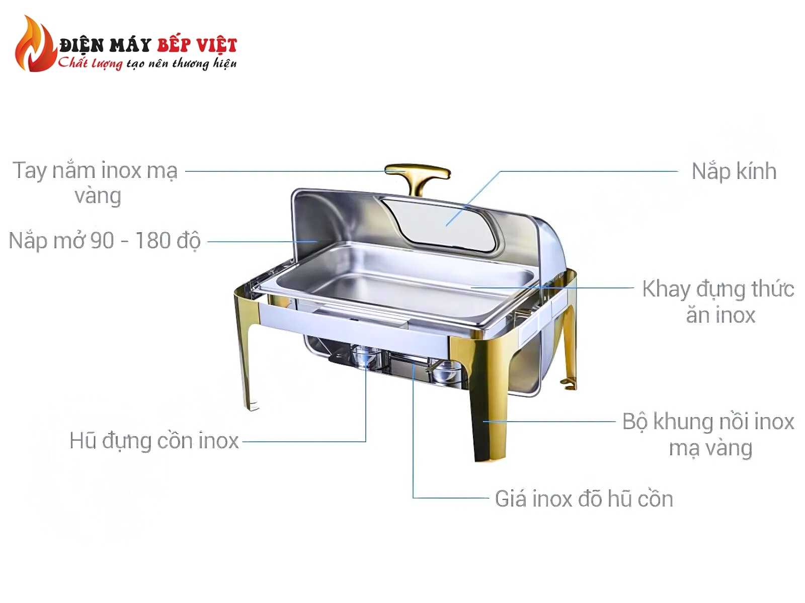 Nồi Hâm Nóng Buffet Bán Nguyệt Nắp Kính Chân Mạ Vàng