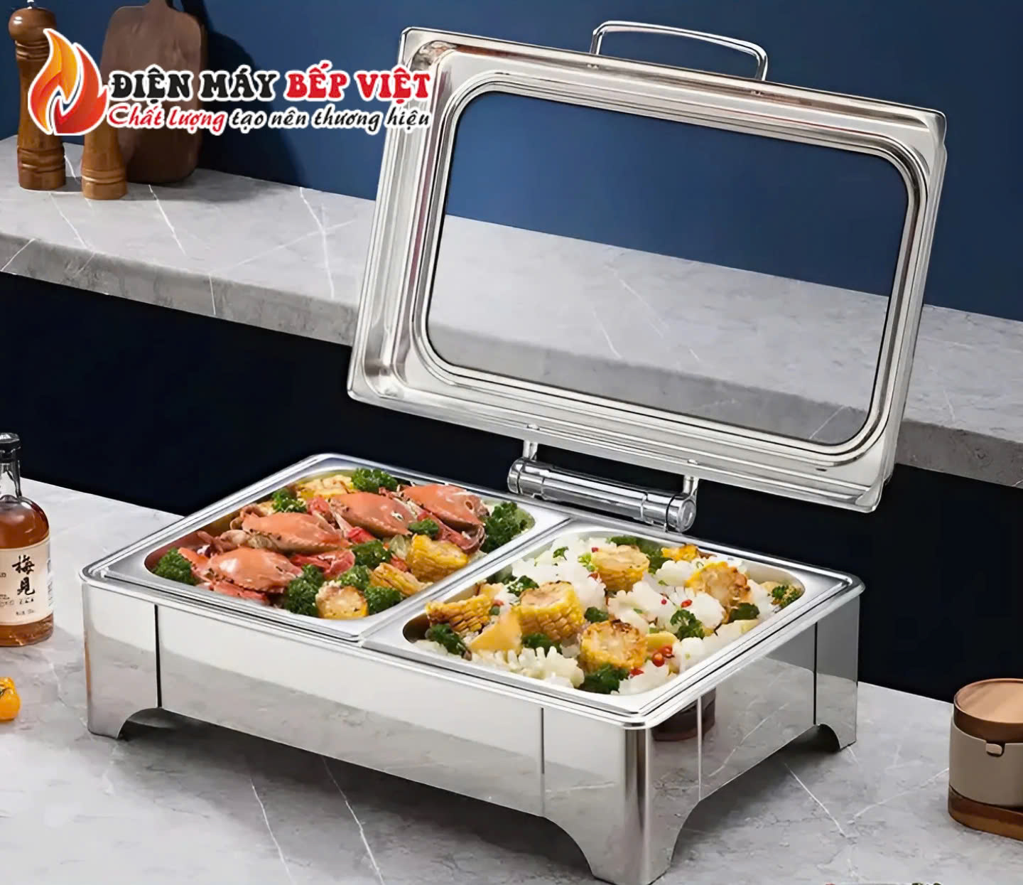 Nồi Hâm Nóng Buffet Chữ Nhật Chân Ngắn Nắp Kính