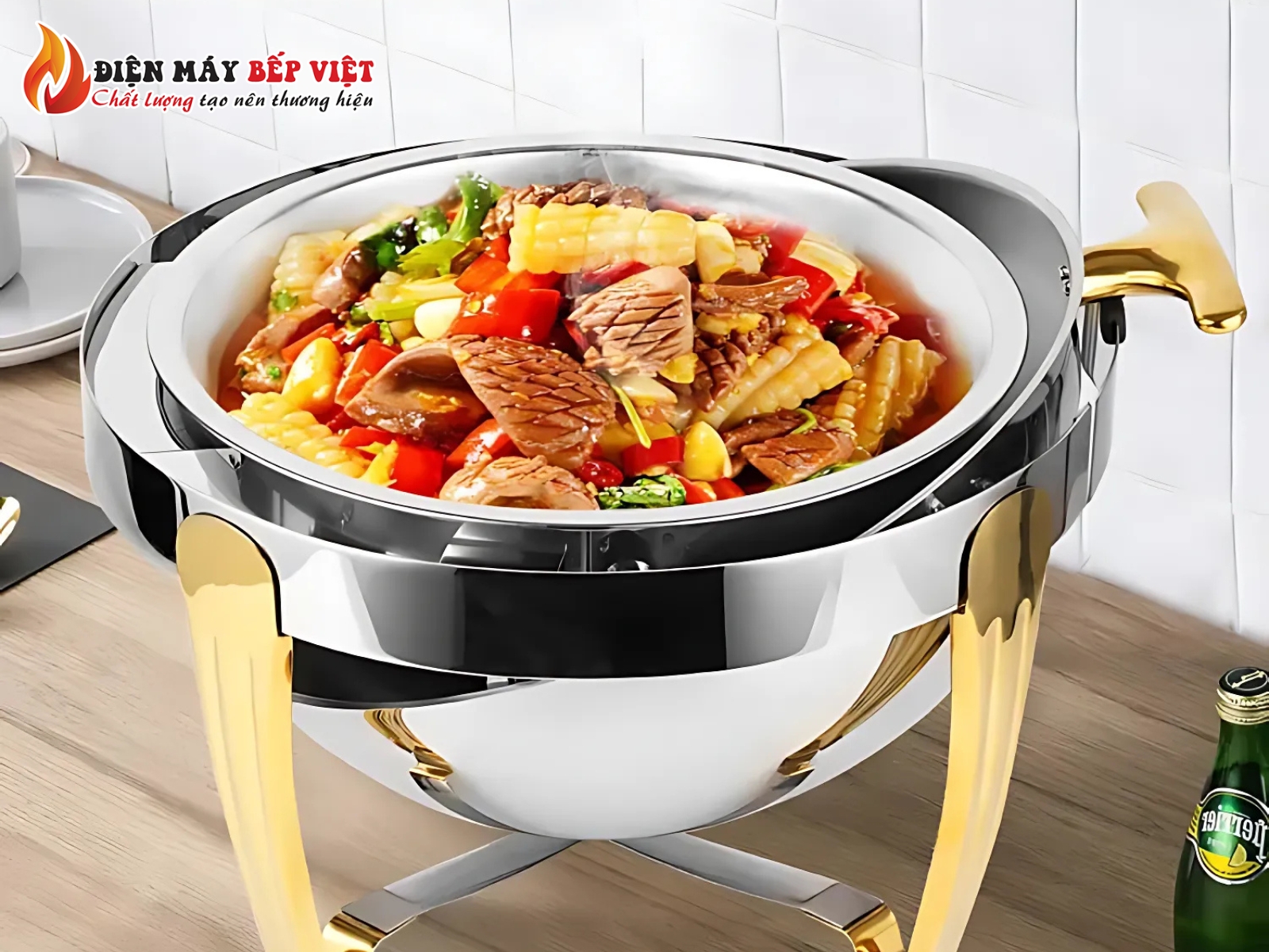 Nồi Hâm Nóng Buffet Tròn Inox Chân Cong Mạ Vàng