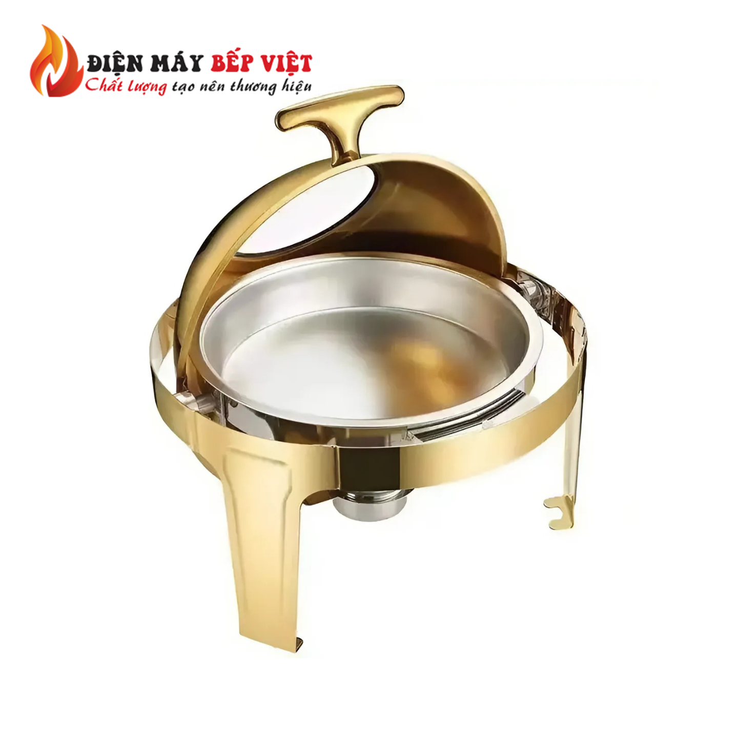 Nồi Hâm Nóng Buffet Tròn Inox Có Chân Nắp Kính Mạ Vàng