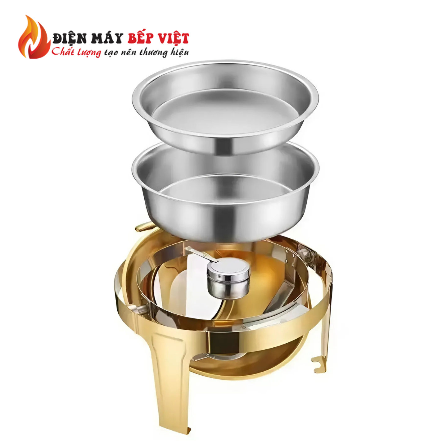 Nồi Hâm Nóng Buffet Tròn Inox Có Chân Nắp Kính Mạ Vàng