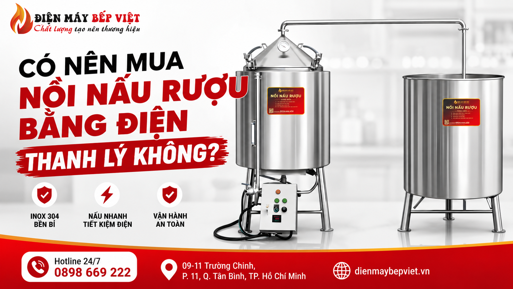 Nồi nấu rượu bằng điện thanh lý inox 304 của Điện Máy Bếp Việt với thiết kế cũ nhẹ, hệ thống chưng cất đầy đủ và bảng điều khiển điện công nghiệp.