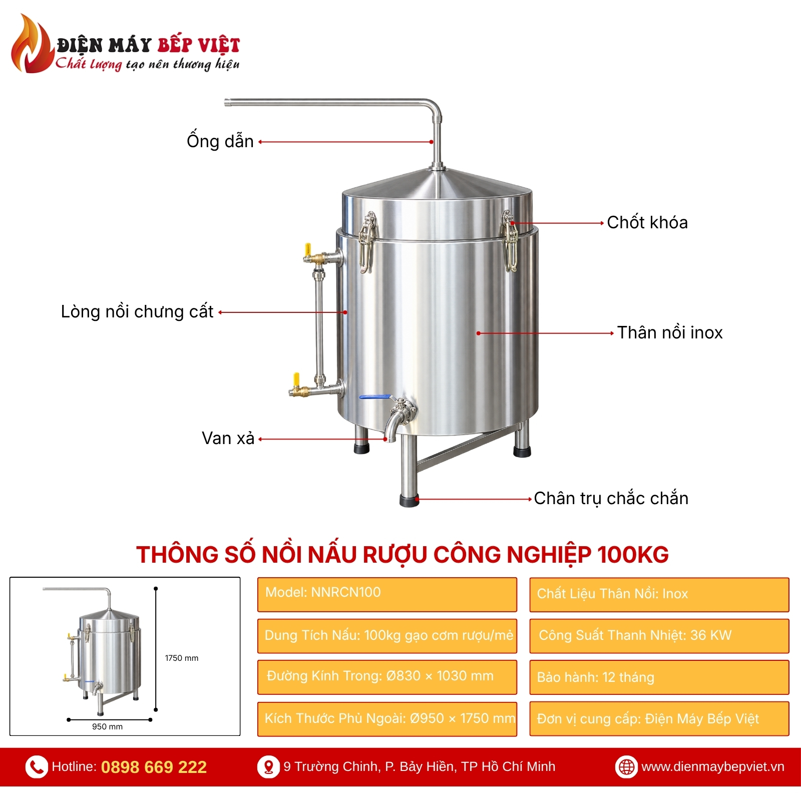 Nồi Nấu Rượu Công Nghiệp 100Kg