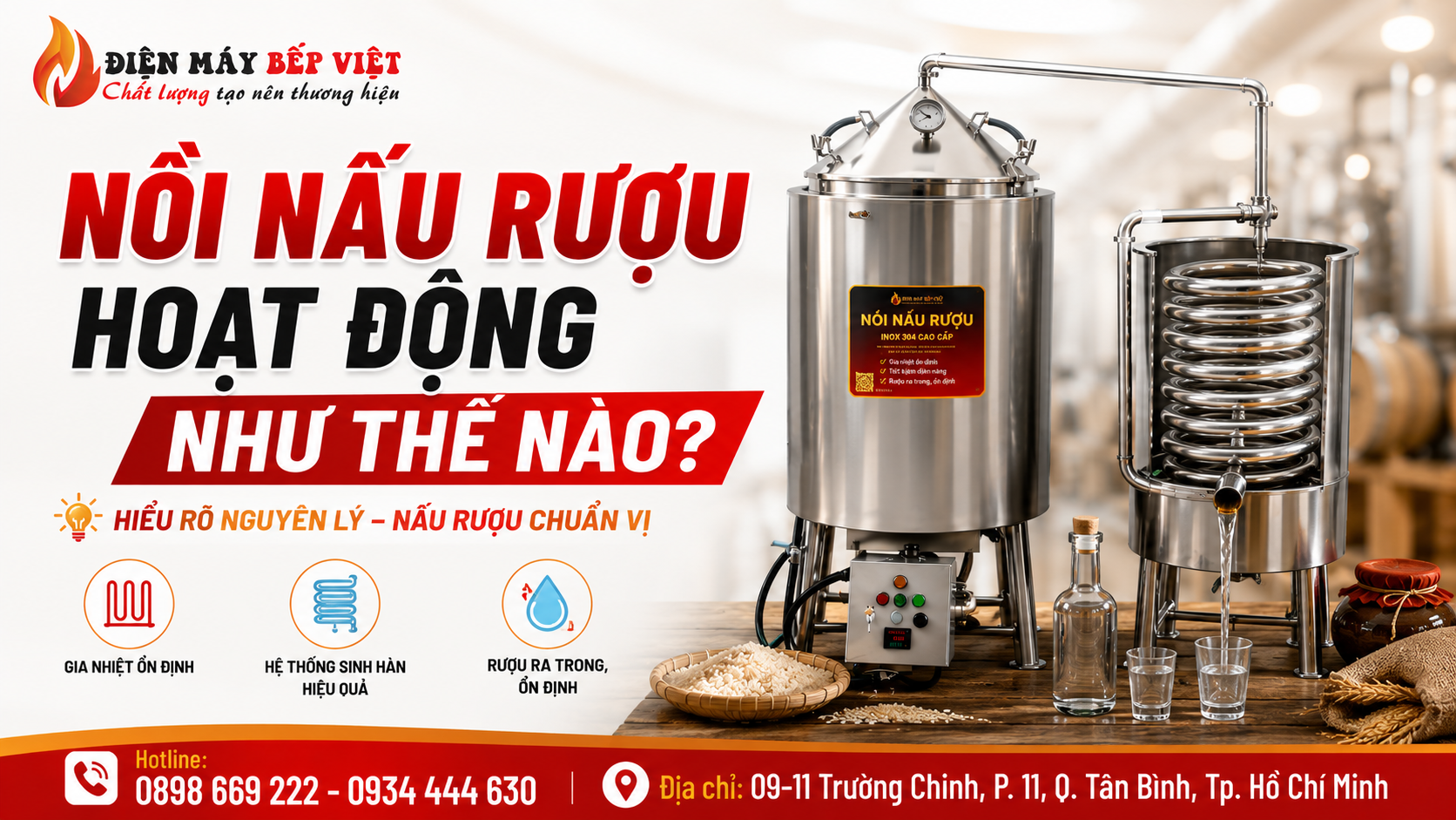 Nồi nấu rượu inox 304 hiển thị nguyên lý hoạt động gồm gia nhiệt, bay hơi, sinh hàn và ngưng tụ giúp rượu ra đều, trong và ổn định chất lượng.