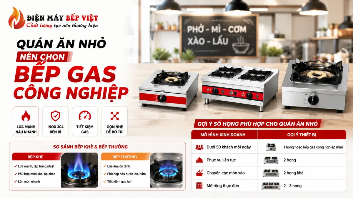 Cách chọn bếp gas công nghiệp mini và bếp gas nhiều họng cho quán ăn nhỏ, phù hợp nấu phở, mì, cơm và món xào