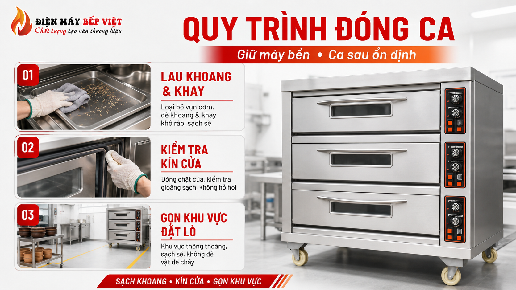 Lò nấu cơm niêu inox được minh họa cùng quy trình đóng ca gồm lau khoang và khay, kiểm tra kín cửa và giữ khu vực đặt lò gọn thoáng để ca sau vận hành ổn định.