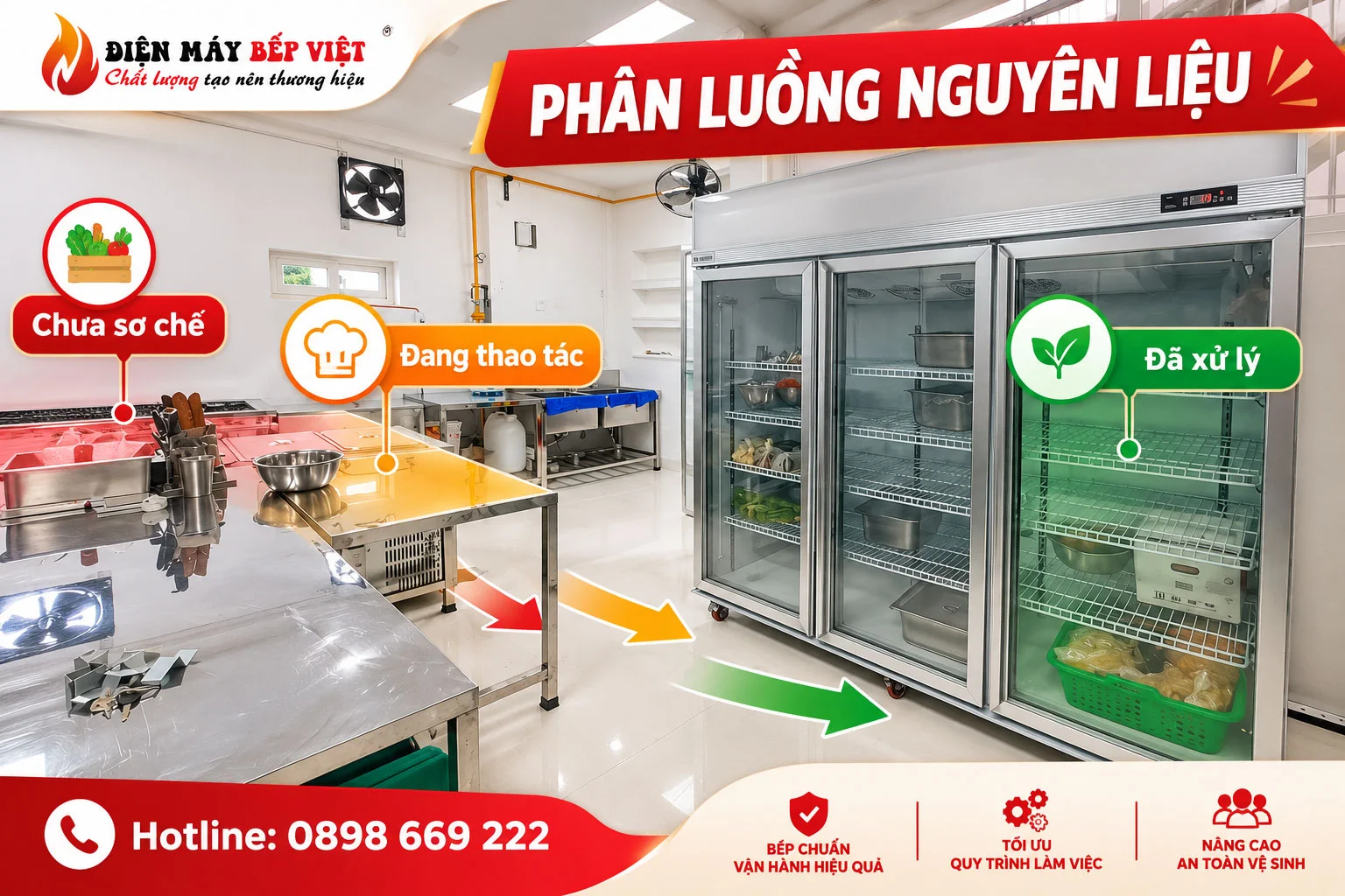 Bố trí bàn inox và thiết bị bảo quản trong khu sơ chế nhà hàng