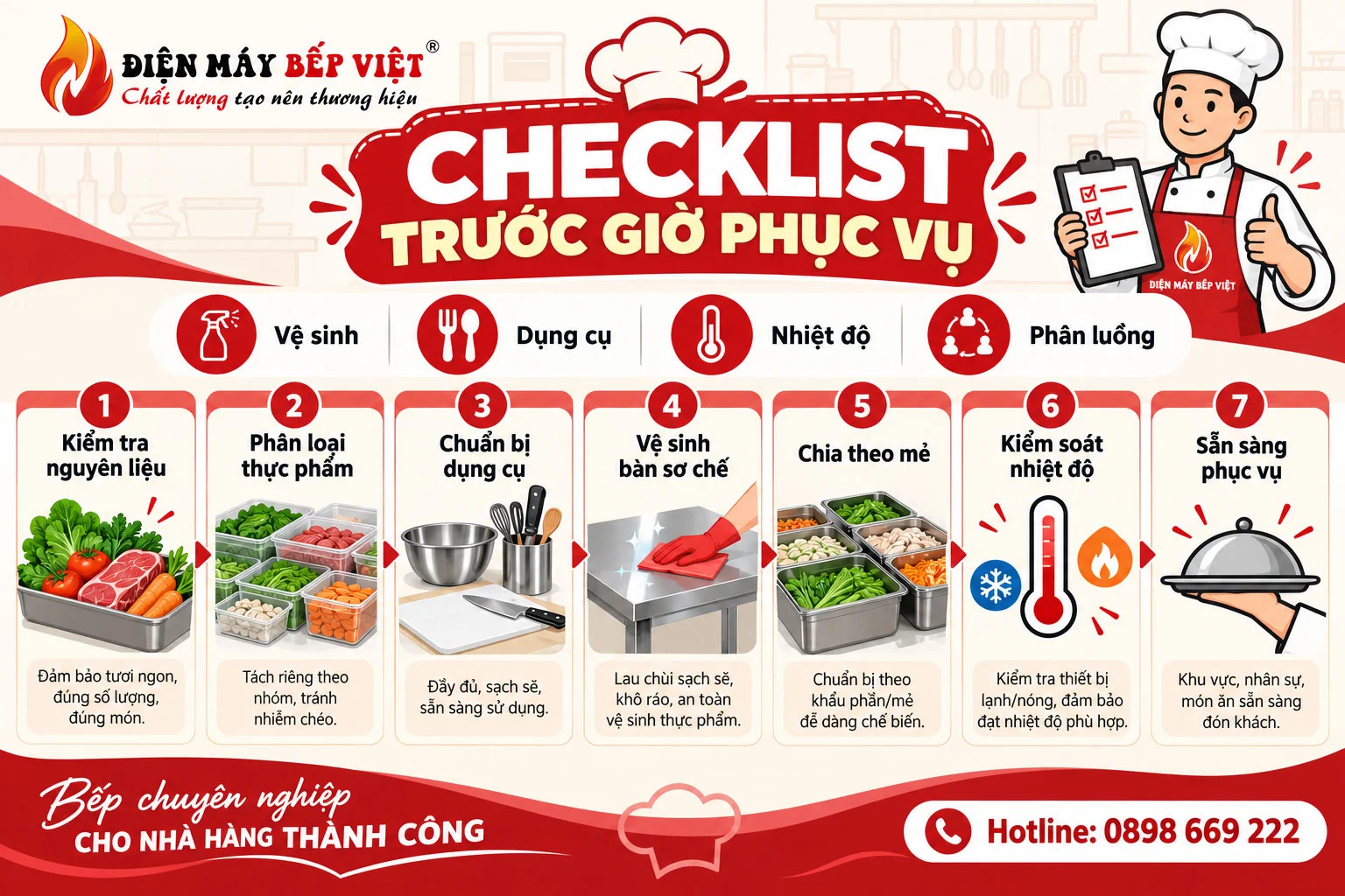 Checklist kiểm tra khu sơ chế trước giờ phục vụ