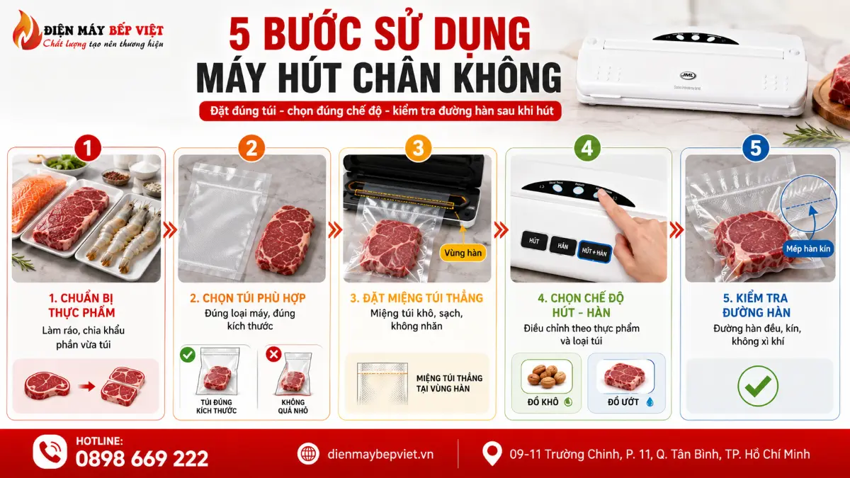 Quy trình sử dụng máy hút chân không trong 5 bước từ chuẩn bị thực phẩm đến kiểm tra đường hàn