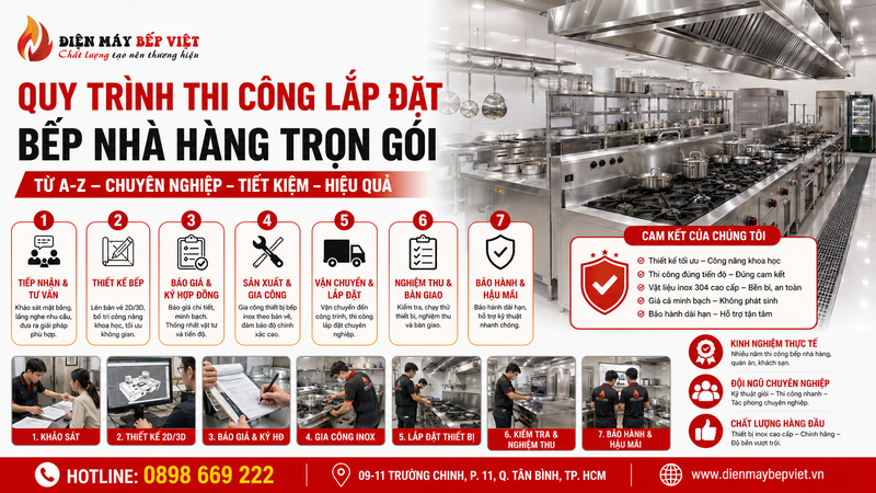 quy trình thi công lắp đặt bếp nhà hàng trọn gói với hệ thống bếp inox, chụp hút khói và các bước triển khai từ tư vấn đến bảo hành