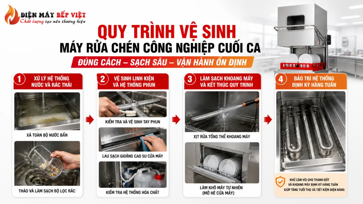 Hình minh họa quy trình vệ sinh máy rửa chén công nghiệp cuối ca gồm xả nước bẩn, làm sạch bộ lọc rác, vệ sinh tay phun, khoang máy và bảo trì hệ thống định kỳ hàng tuần.