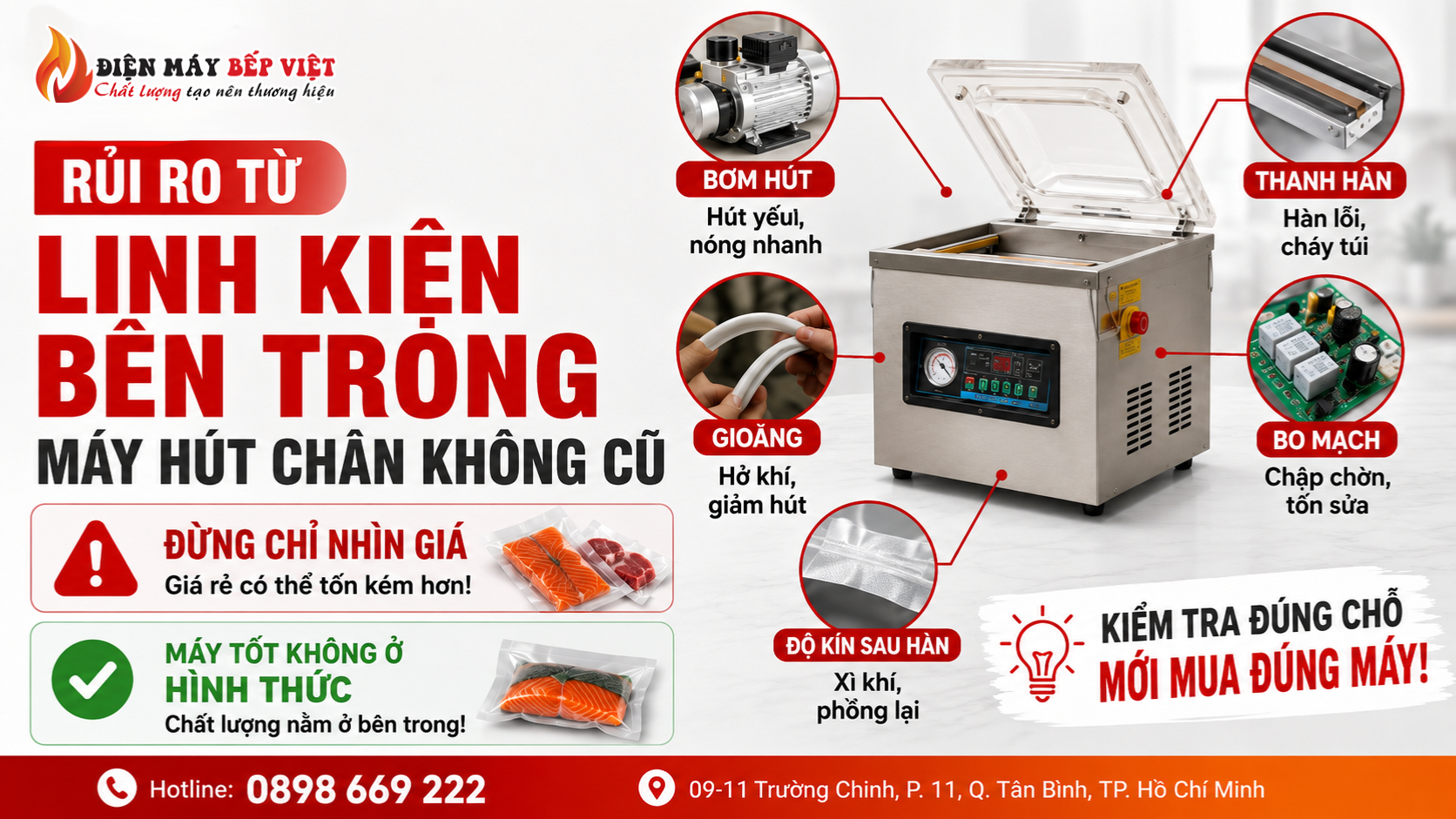 Infographic minh họa rủi ro từ linh kiện bên trong máy hút chân không cũ, nhấn mạnh các bộ phận cần kiểm tra như bơm hút, thanh hàn, gioăng, bo mạch và độ kín sau hàn.