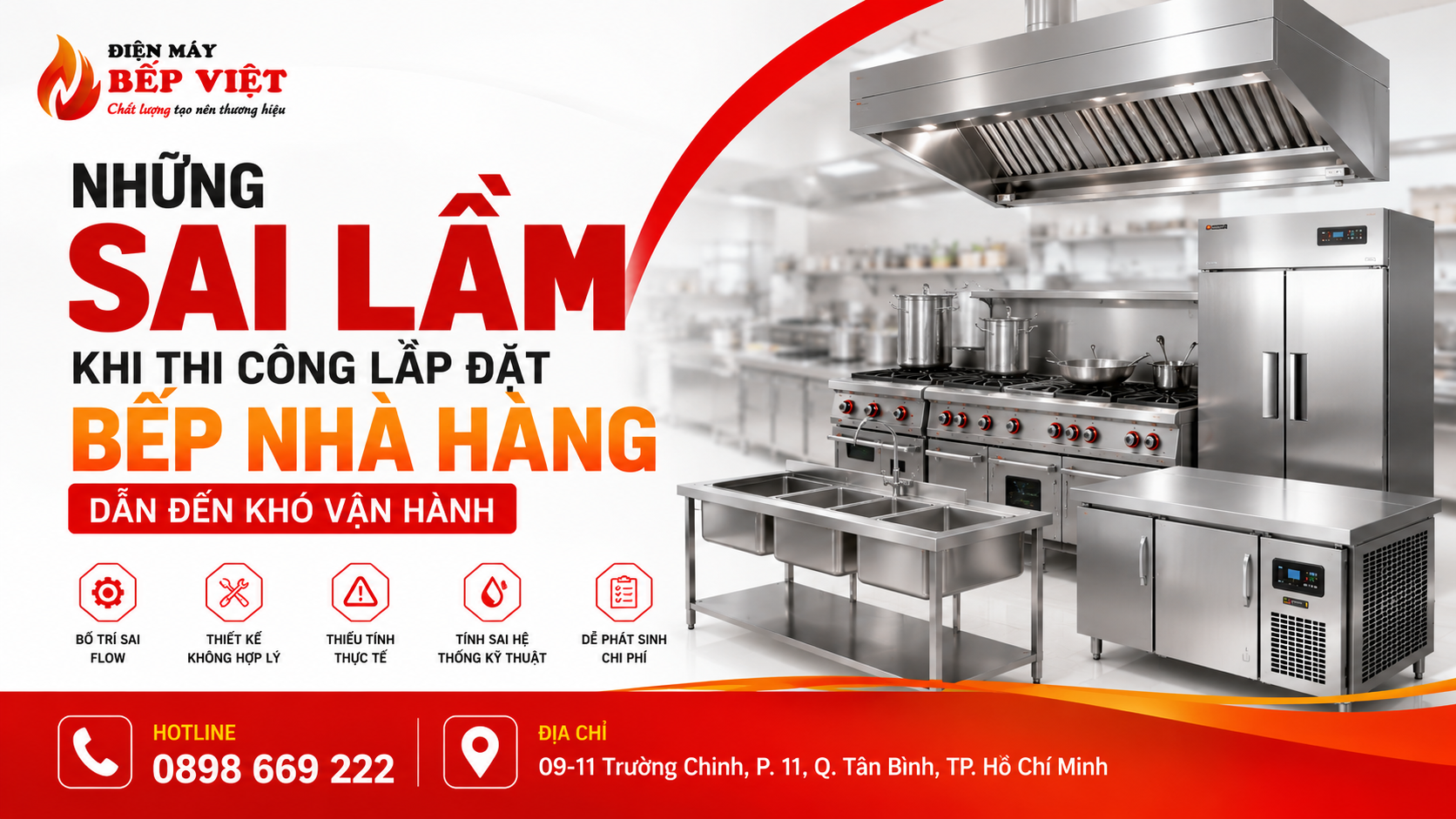 Hệ thống bếp công nghiệp inox minh họa những sai lầm khi thi công lắp đặt bếp nhà hàng gây khó vận hành và ảnh hưởng flow bếp thực tế.