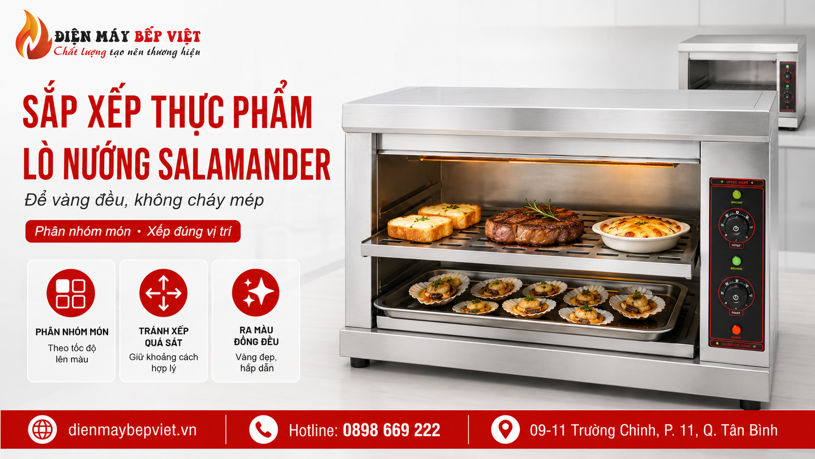 Lò nướng Salamander inox sắp xếp nhiều nhóm thực phẩm như bánh mì, thịt và hải sản để món vàng đều, không cháy mép.