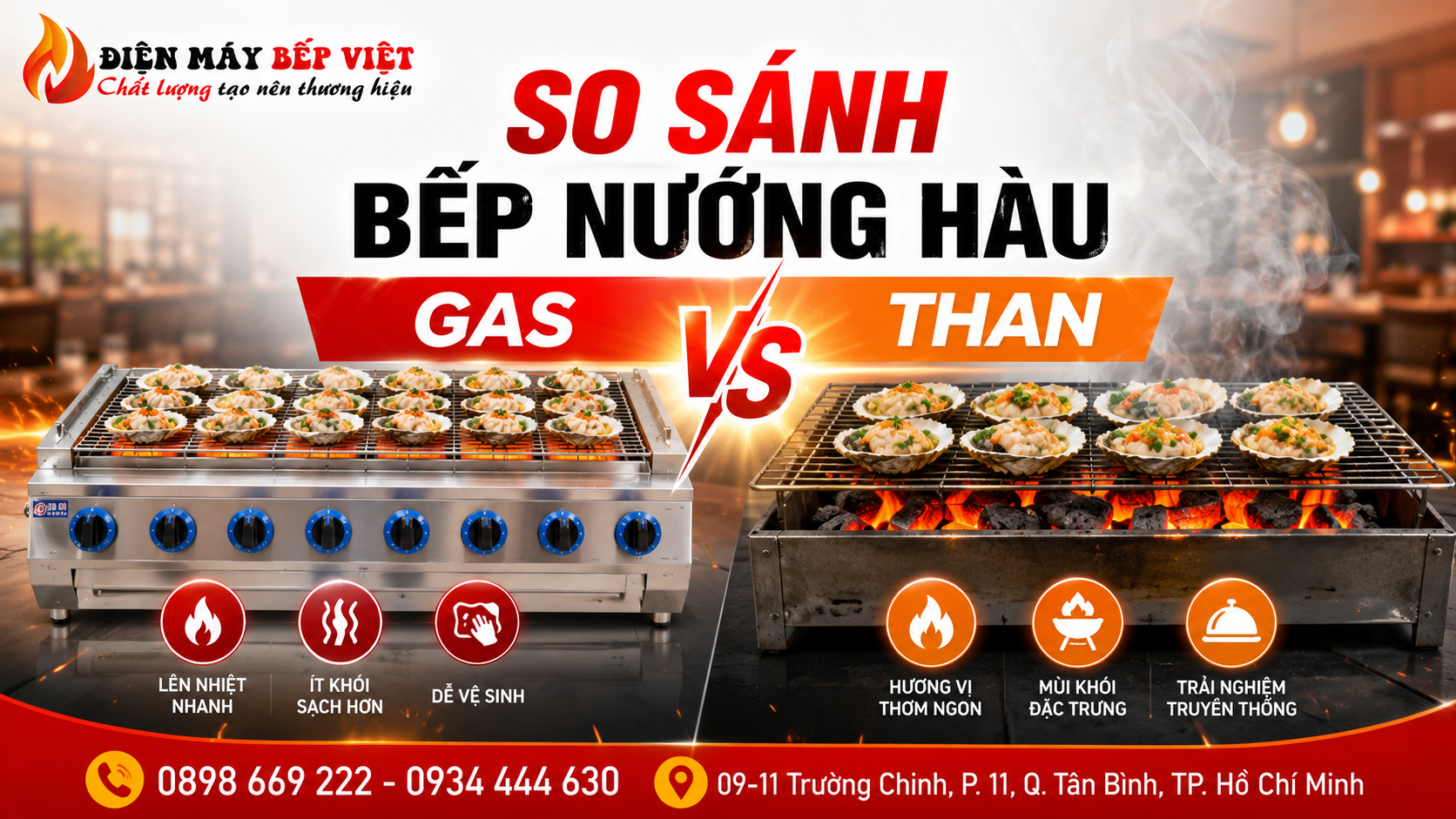 Bếp nướng hàu gas và bếp nướng hàu than được đặt cạnh nhau để minh họa sự khác biệt về tốc độ lên nhiệt, lượng khói và trải nghiệm nướng cho quán nhậu hải sản.