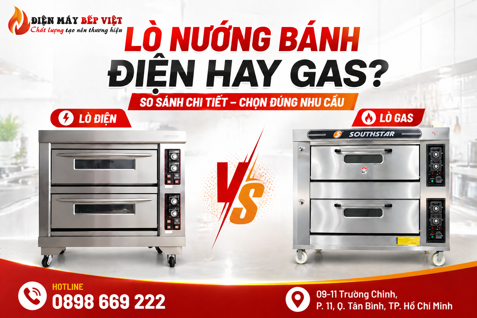 So sánh lò nướng bánh điện và gas với hai mẫu lò nướng công nghiệp inox đặt cạnh nhau, giúp tiệm bánh lựa chọn thiết bị phù hợp theo nhu cầu vận hành thực tế.