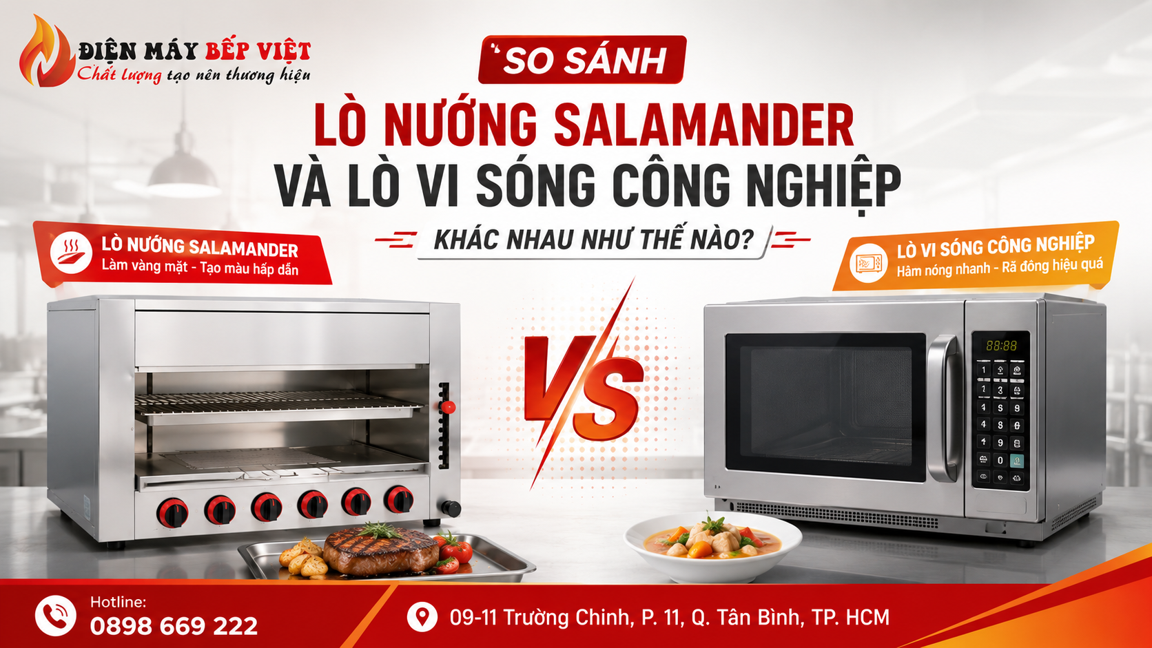 Banner so sánh lò nướng Salamander và lò vi sóng công nghiệp với hình minh họa hai thiết bị bếp công nghiệp dùng để làm nóng và hoàn thiện món ăn trong nhà hàng.