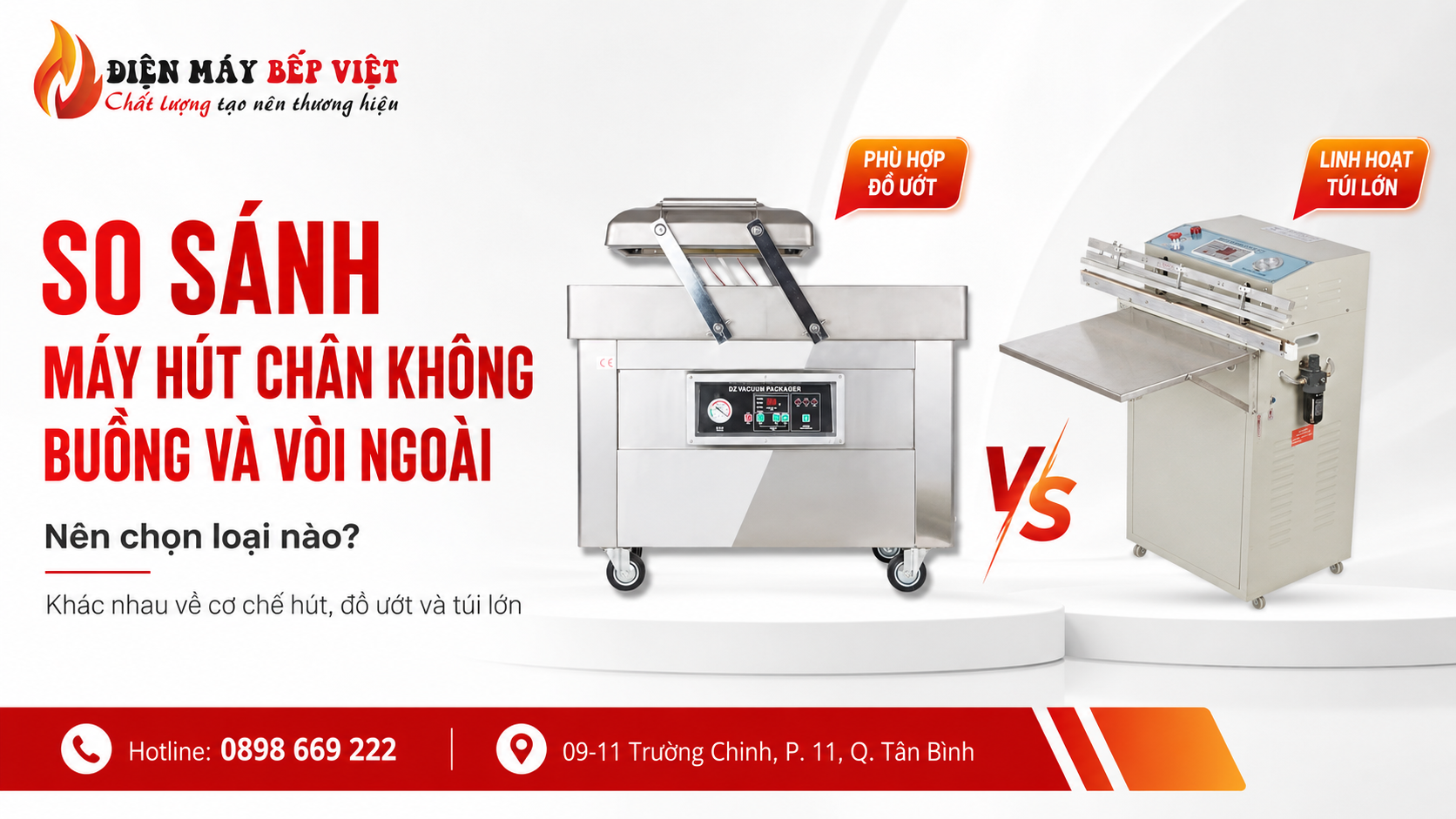 Hai dòng máy hút chân không buồng và máy hút chân không vòi ngoài được đặt cạnh nhau trong banner hero của Điện Máy Bếp Việt, minh họa nội dung so sánh để chọn thiết bị phù hợp theo cơ chế hút, đồ ướt và túi lớn.