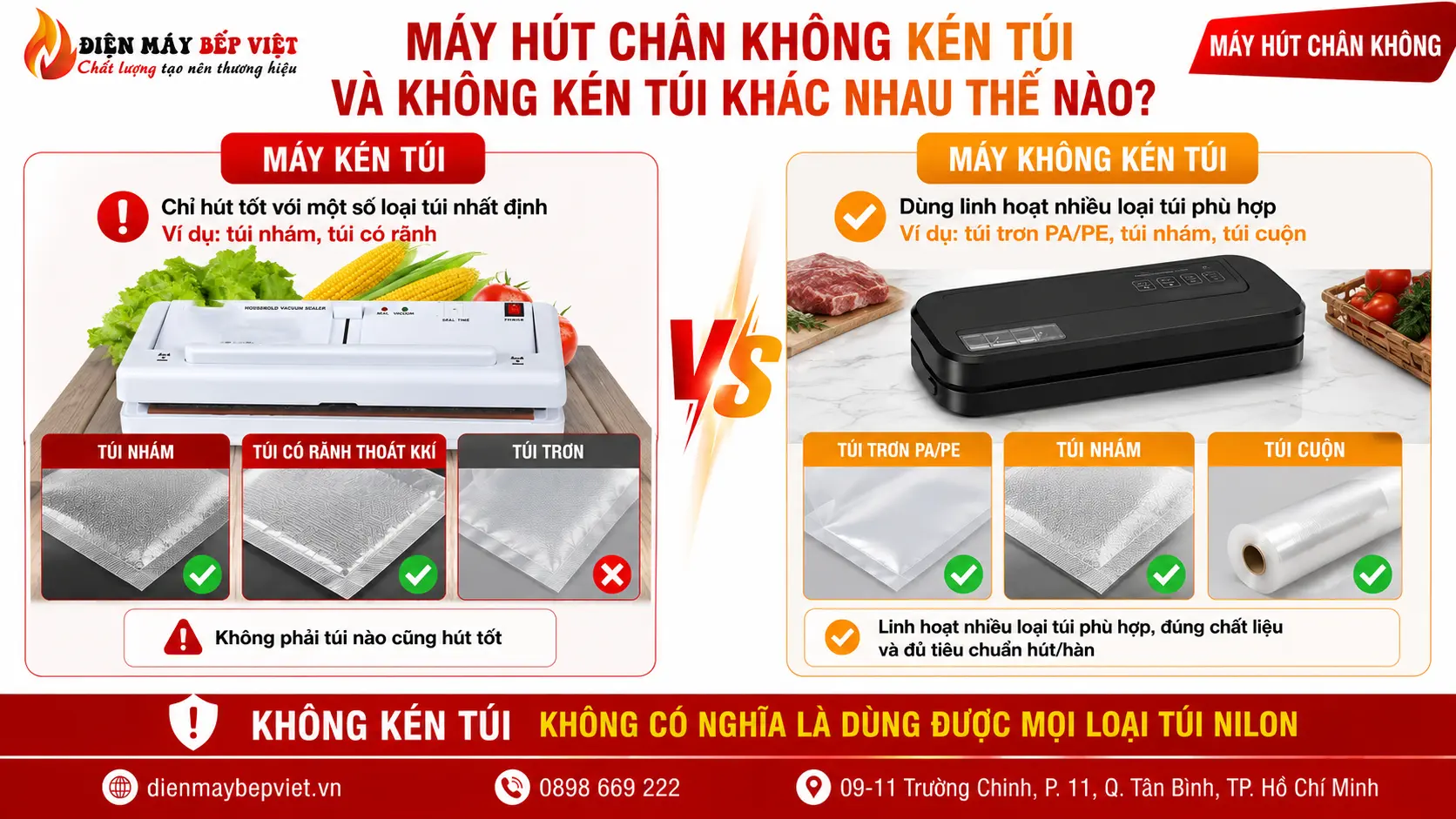So sánh máy hút chân không không kén túi và máy kén túi, phân biệt các loại túi sử dụng phù hợp cho từng dòng máy.