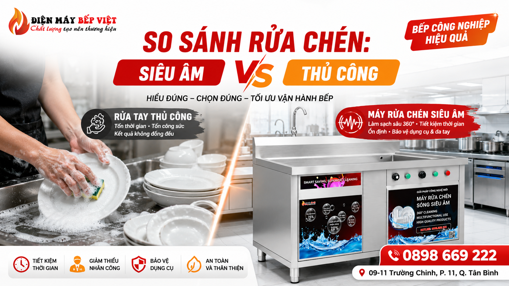Banner so sánh máy rửa chén sóng siêu âm và rửa tay thủ công trong bếp công nghiệp