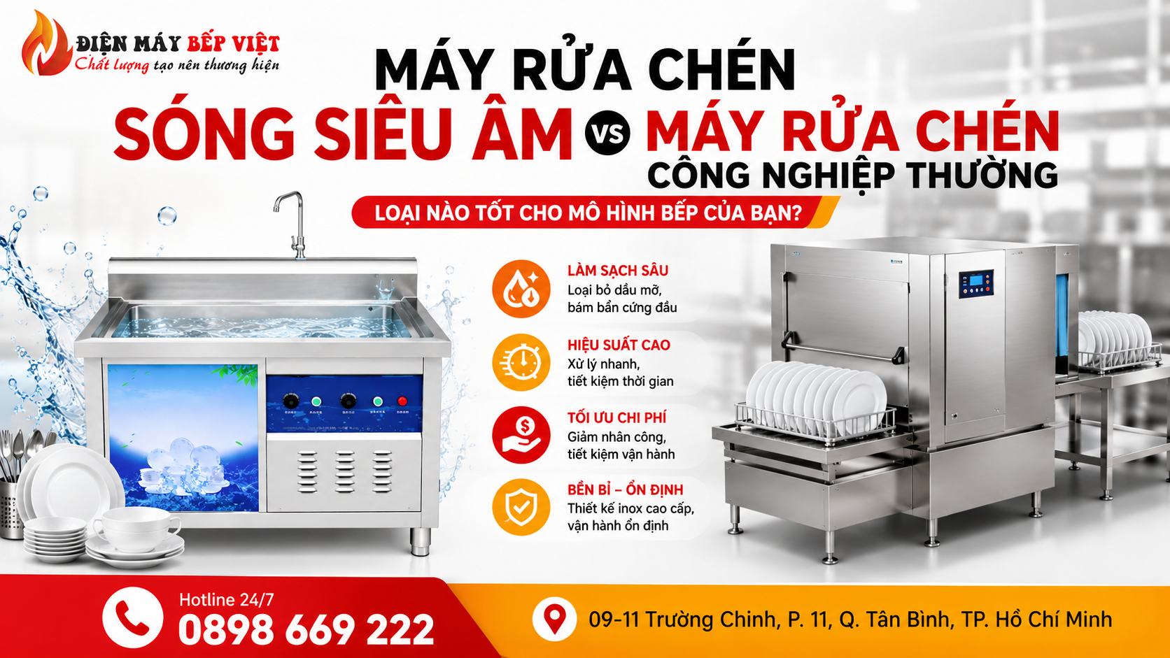 So sánh máy rửa chén sóng siêu âm và máy rửa chén công nghiệp thường với hai dòng máy inox công nghiệp giúp lựa chọn giải pháp phù hợp cho nhà hàng, quán ăn và bếp công nghiệp