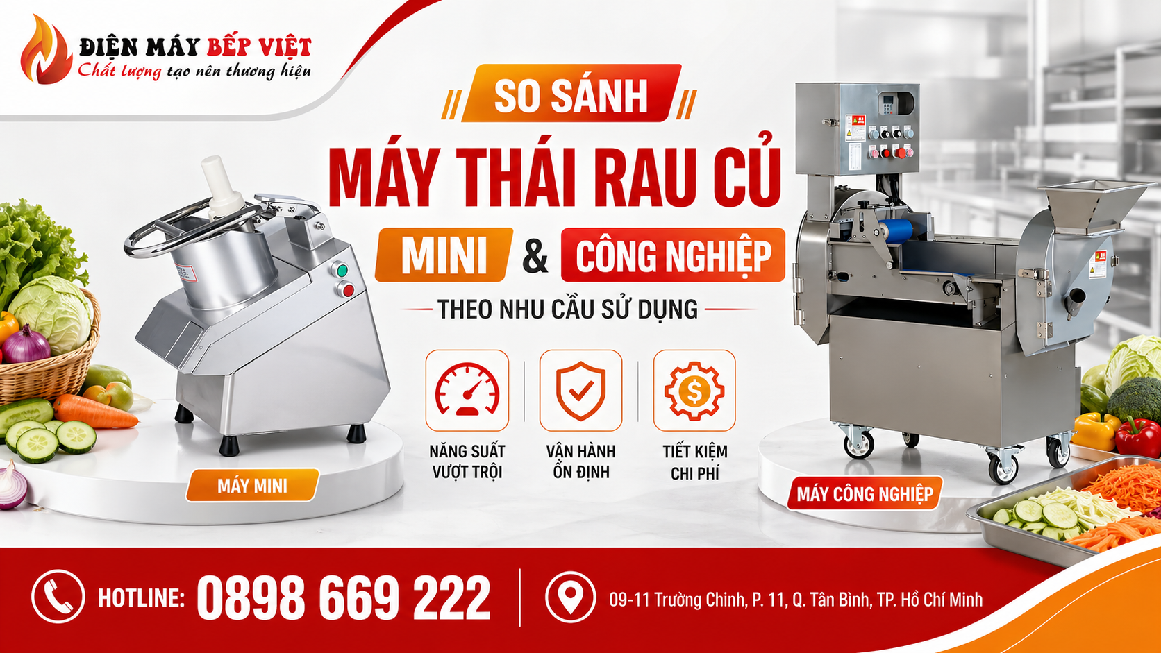 Máy thái rau củ mini và công nghiệp được đặt cạnh nhau trong banner so sánh nhằm minh họa sự khác biệt về kích thước và năng suất sử dụng.
