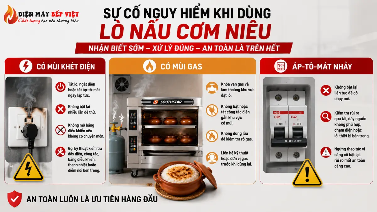 Hình minh họa sự cố nguy hiểm khi dùng lò nấu cơm niêu gồm mùi khét điện, mùi gas và áp-tô-mát nhảy với hướng xử lý an toàn trong bếp nhà hàng.