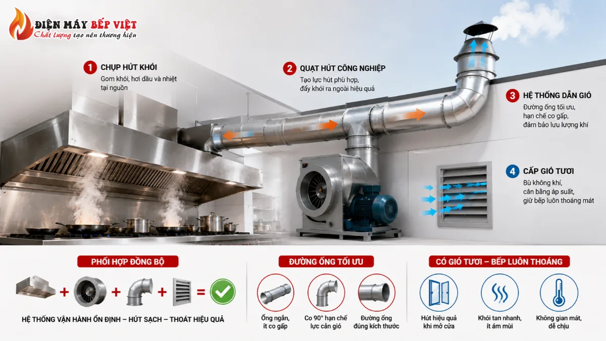Sự phối hợp giữa chụp hút khói, quạt hút công nghiệp, đường ống dẫn gió và hệ thống cấp gió tươi trong bếp nhà hàng